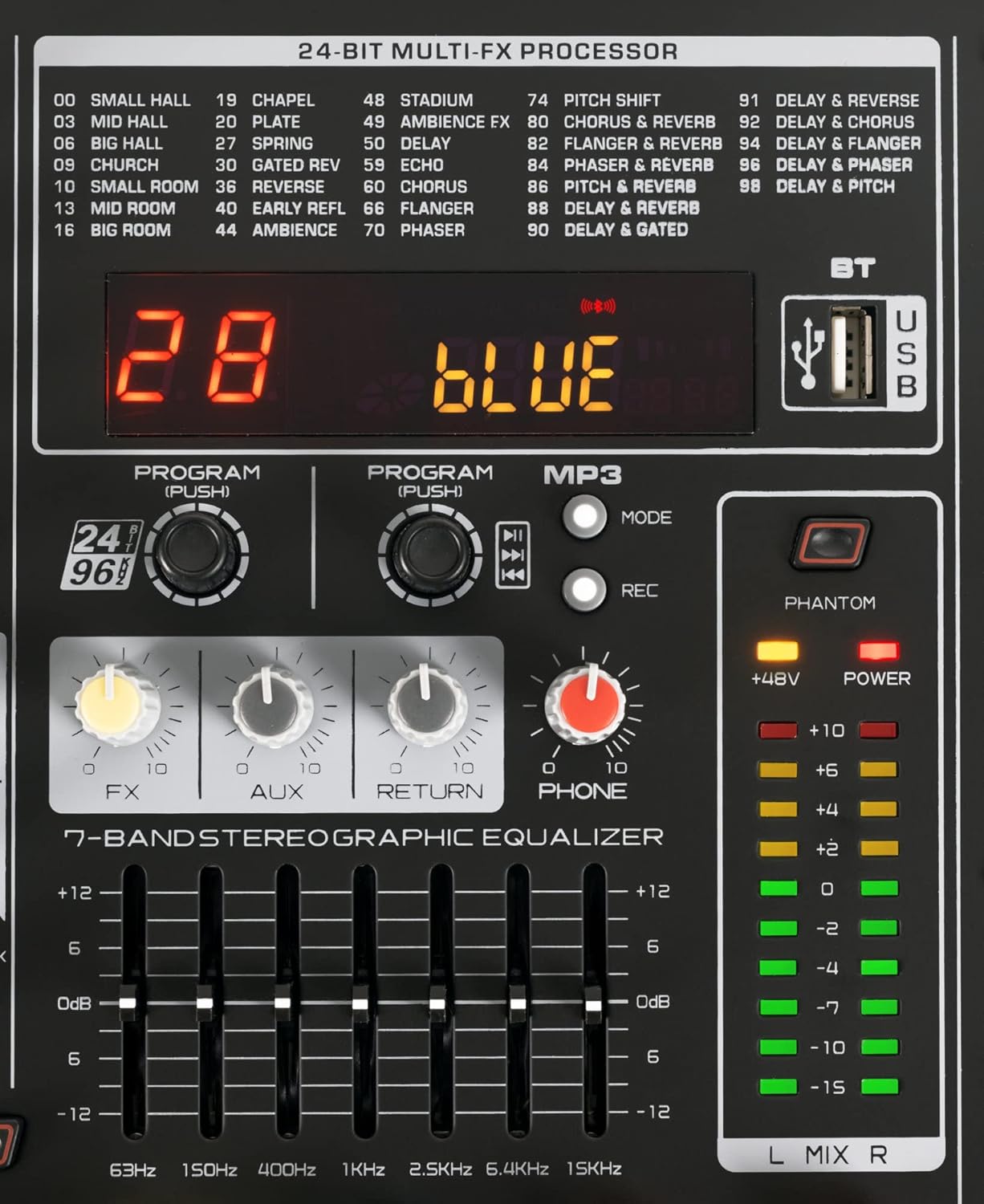 Close-up of the Pronomic Powermake 600's 24-bit multi-FX processor and 7-band stereographic equalizer section.
