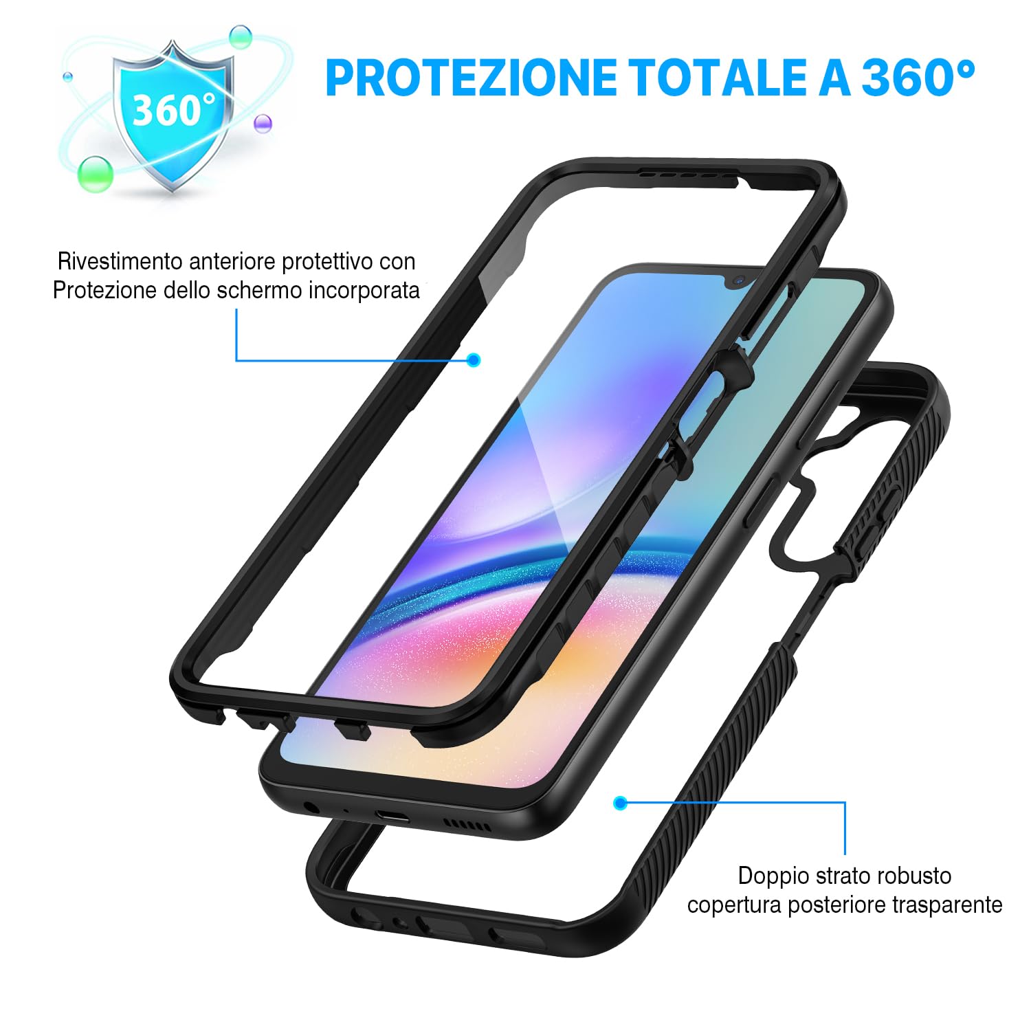 CENHUFO Cover Samsung A05s, Custodia Samsung A05s Antiurto 360 Gradi con Protezione Schermo Integrata Rugged Trasparente Case Doppia Faccia Bumper Fronte Retro Cover per Samsung Galaxy A05s -Nero