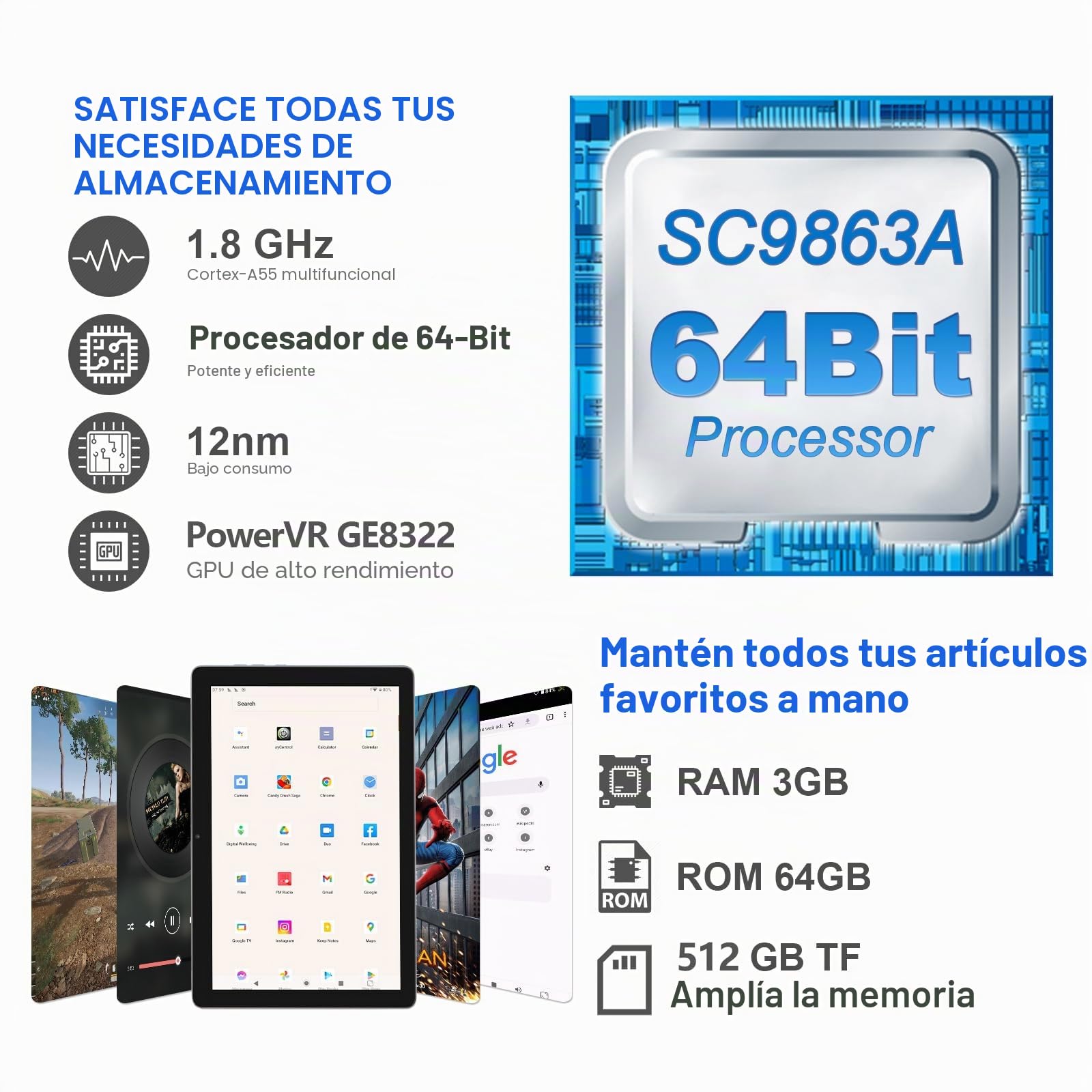 C idea Tablet 10 Pulgadas, Android 12 Tablets con Real 64 GB ROM+1 TB TF, Pantalla De IPS HD con Procesador De 8 Núcleos, Cámara Doble, WiFi(Gris)