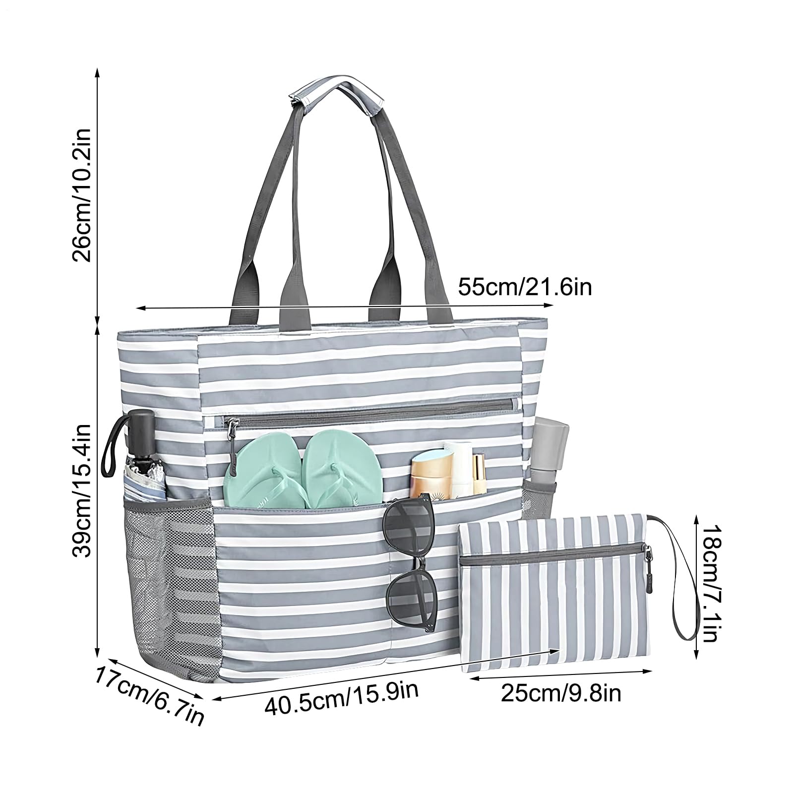 Strandtasche Für Damen | Schwimmbad Strandtasche Mit Münzgeldbeutel,Faltbare Wasserdichte Tragetasche Mit Reißverschluss Für Reisen Camping Picknick Pool Wandern Pendeln Gym Urlaub Arbeit