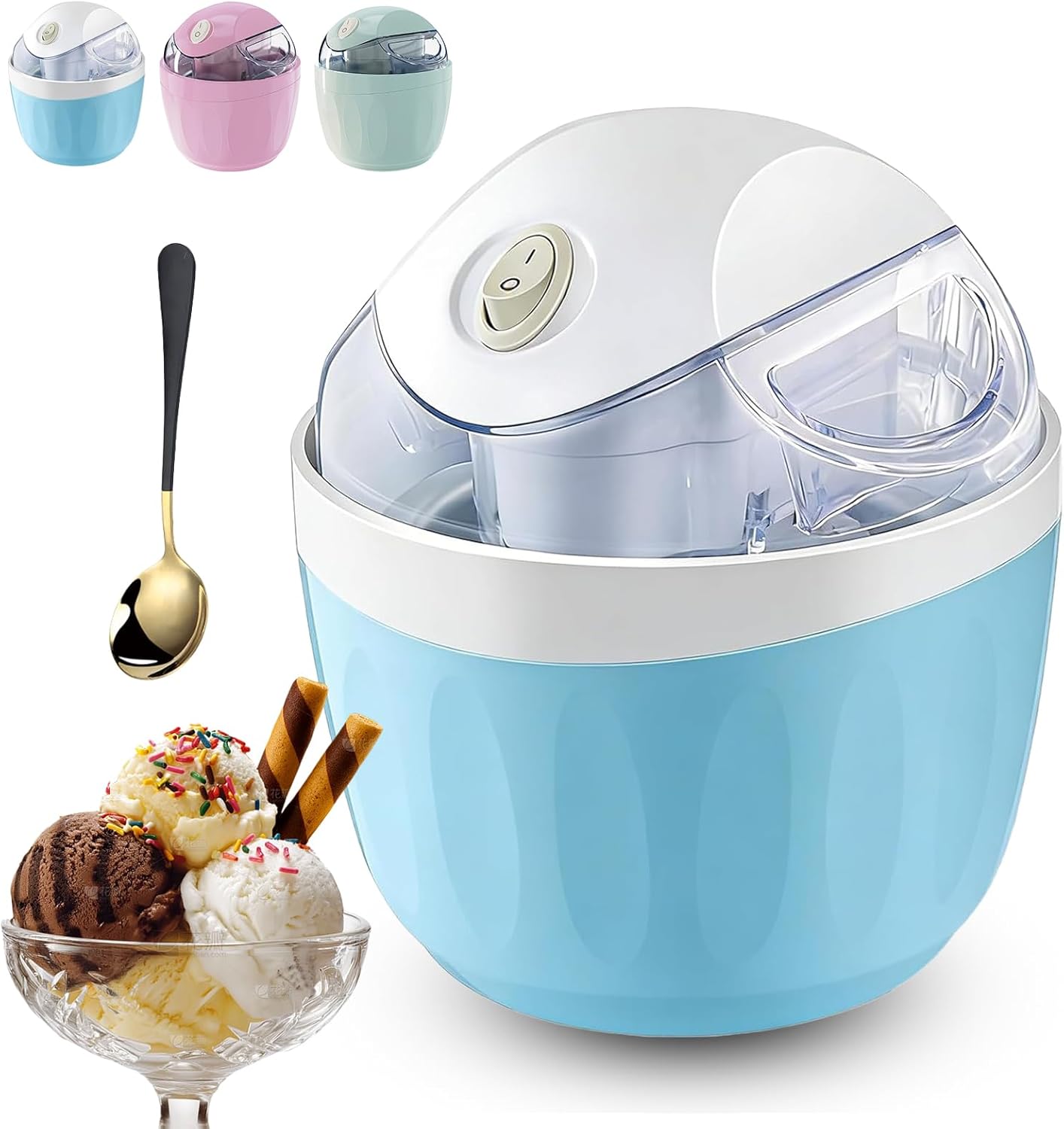 Small Home Mini Ice Cream Maker, 17oz Personal Mini ice cream maker machine with One-Touch Control, Just 15 Minutes, Single Serving of Gelato, Frozen Yogurt, Compact Electric DIY Maker (Blue)