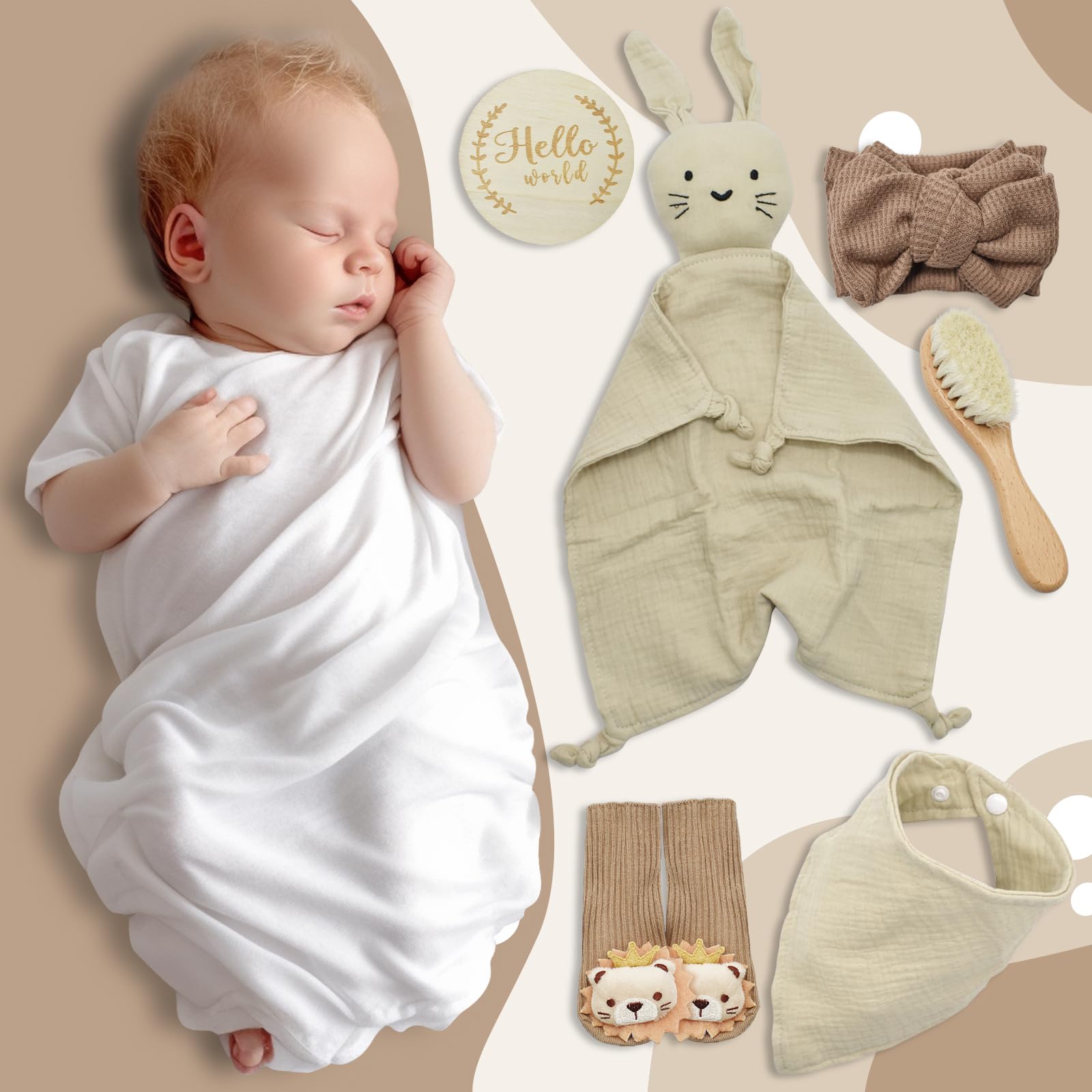 YTACREA Baby Gift Set for Newborn Baby Blanket Muslin for Girls Boys with Bib, Headband, Milestone Card, Socks, Brush, Khaki - Image 2