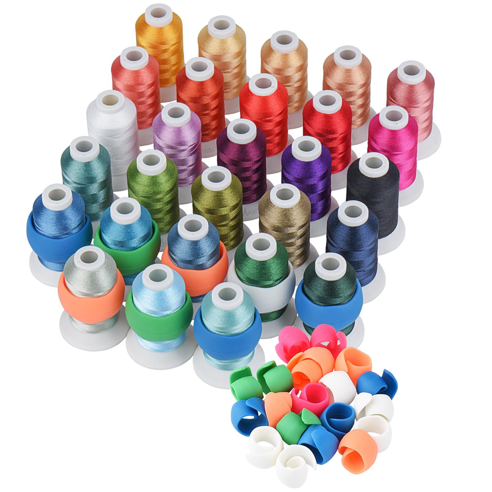 Polyester-Stickgarn und Garnspulen-Spulen-Sparer, 28 Janome-Farben, Stickmaschinengarn-Set, 500 m pro Spule + 28 Spulenumhüllungen für Näh- und Stickmaschinen, 28 Farben, 2 Stück