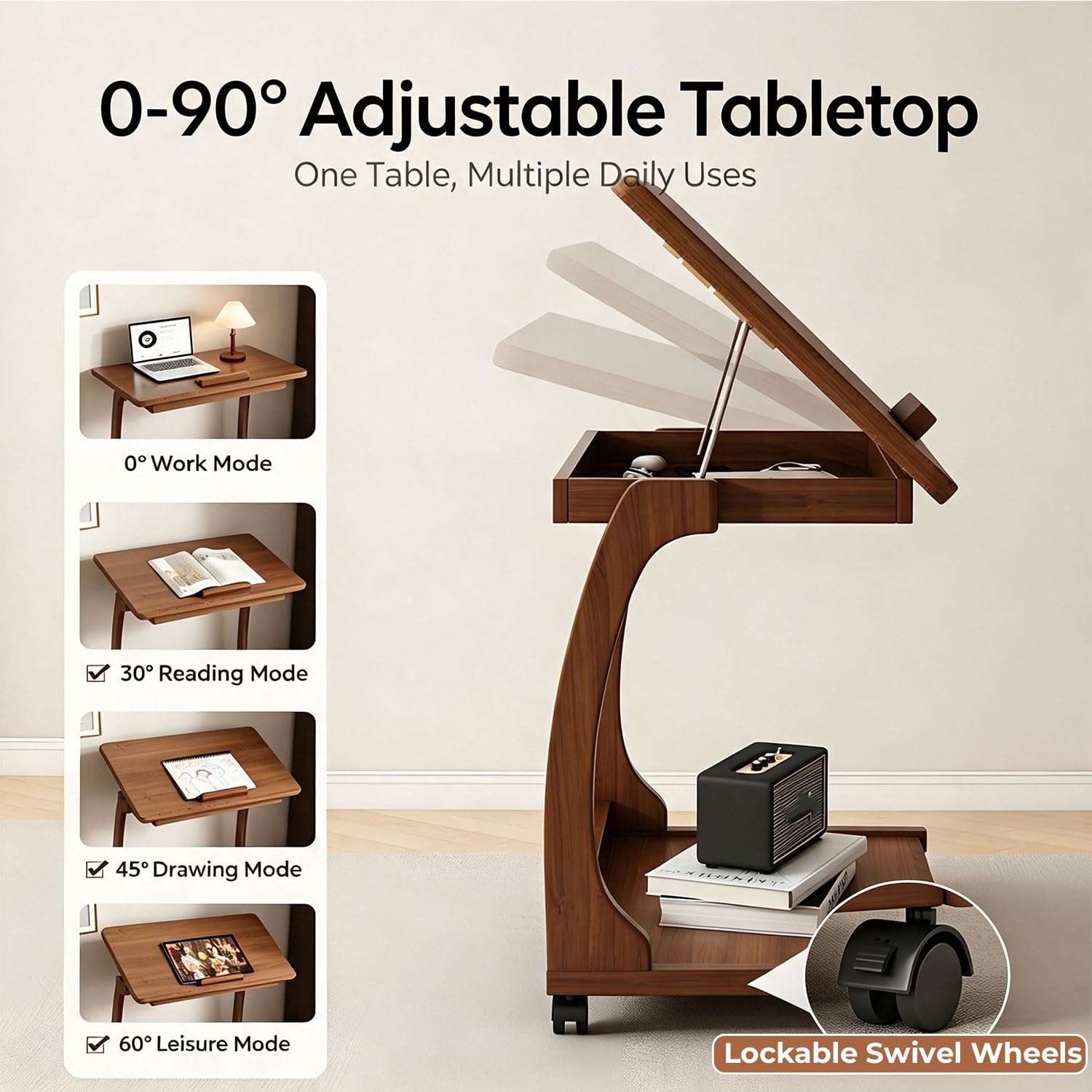Mesa Auxiliar De Madera con Bandeja Inclinable Y Ruedas,Mesa En Forma C