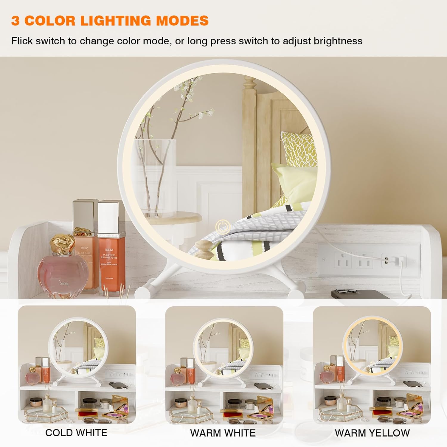 Fixwal White Small Vanity Desk Set with Lighted Mirror and Chair, Makeup Dresser with 2 Fabric Drawers, Power Outlet, Compact Table with Cushioned Stool for Bedroom Small Space