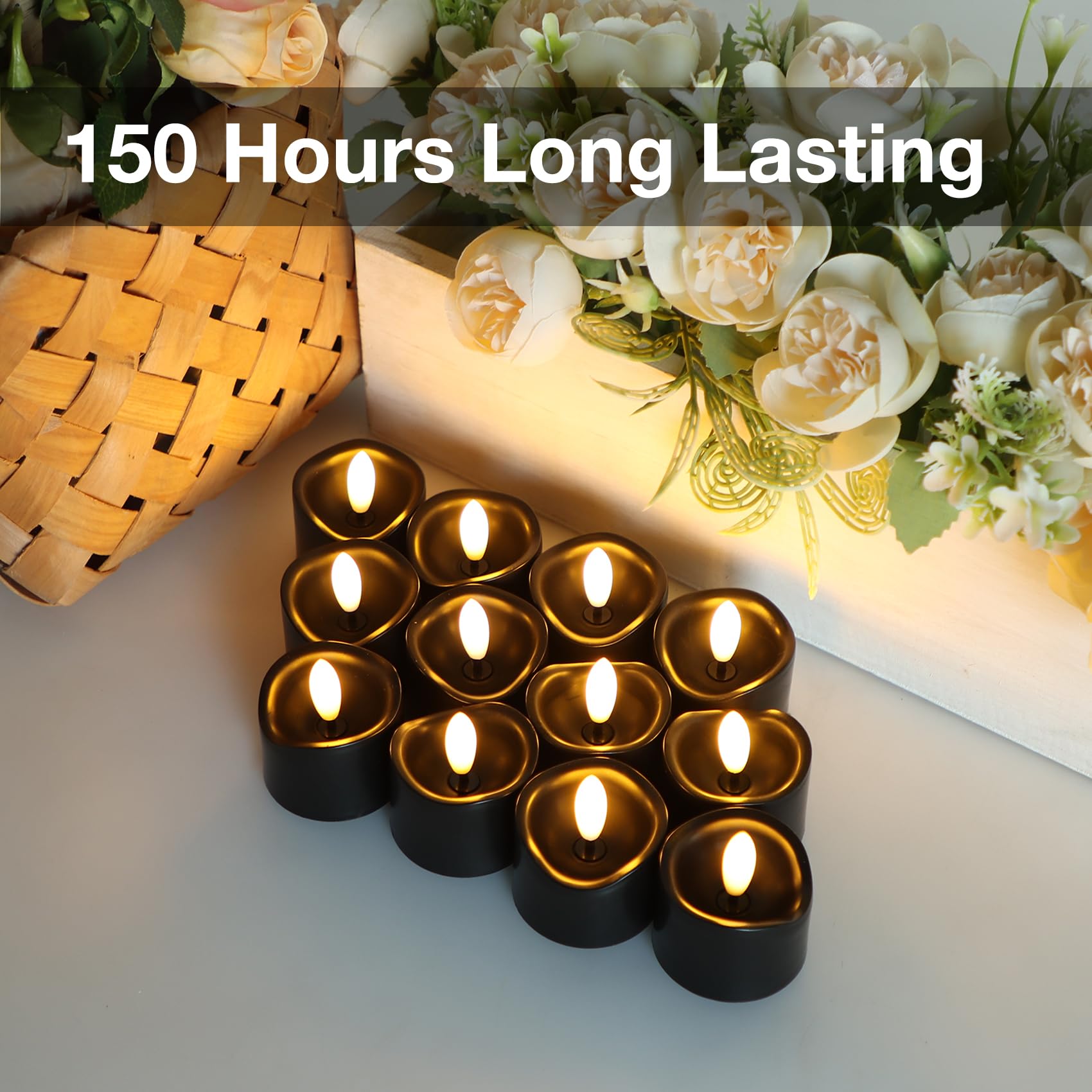 Confezione da 48 candele tealight senza fiamma, funzionamento a batteria, realistiche, tremolanti, candele votive LED per matrimoni, Halloween, feste, decorazioni per la casa