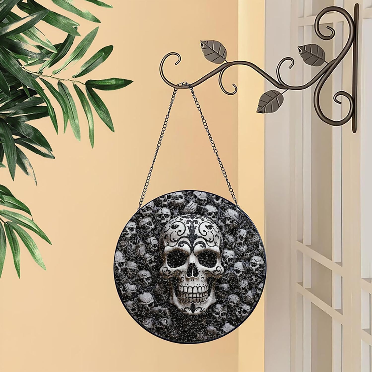 Stained Glass Window Hanging 6in（15cm）, Black and White Skulls Glass Suncatcher for Home Decor, Indoor Wall Art Glass Panel with Metal Chain and Hooks, Sun Catcher Ornament Birthday Gifts