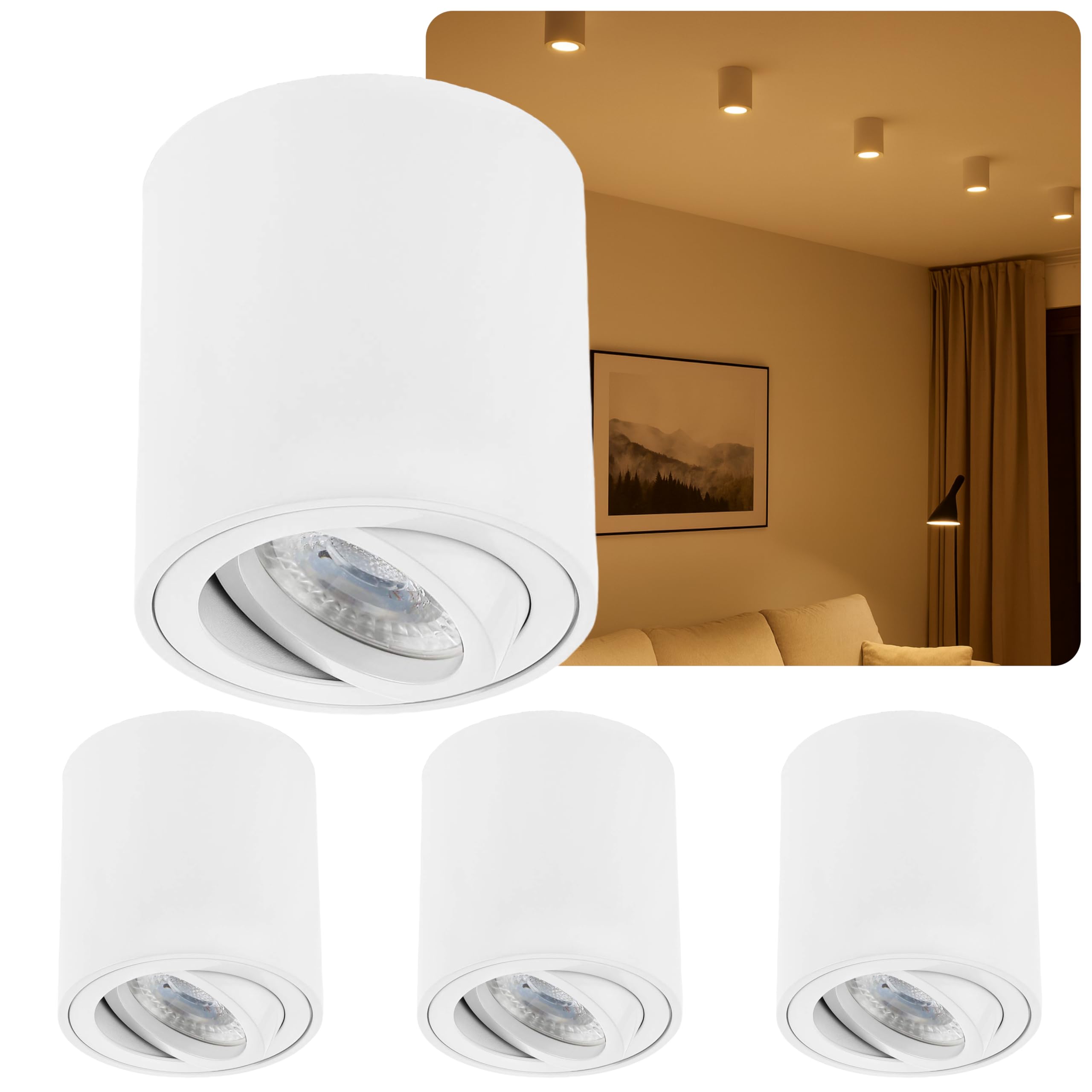 Sweet Led 4er Set Aufbauspot GU10 schwenkbar rund weiß matt – Spots Deckenleuchte inkl. LED 7W 3000K warmweiß, Aufbaustrahler aus Aluminium, Deckenspots Aufputz 230V
