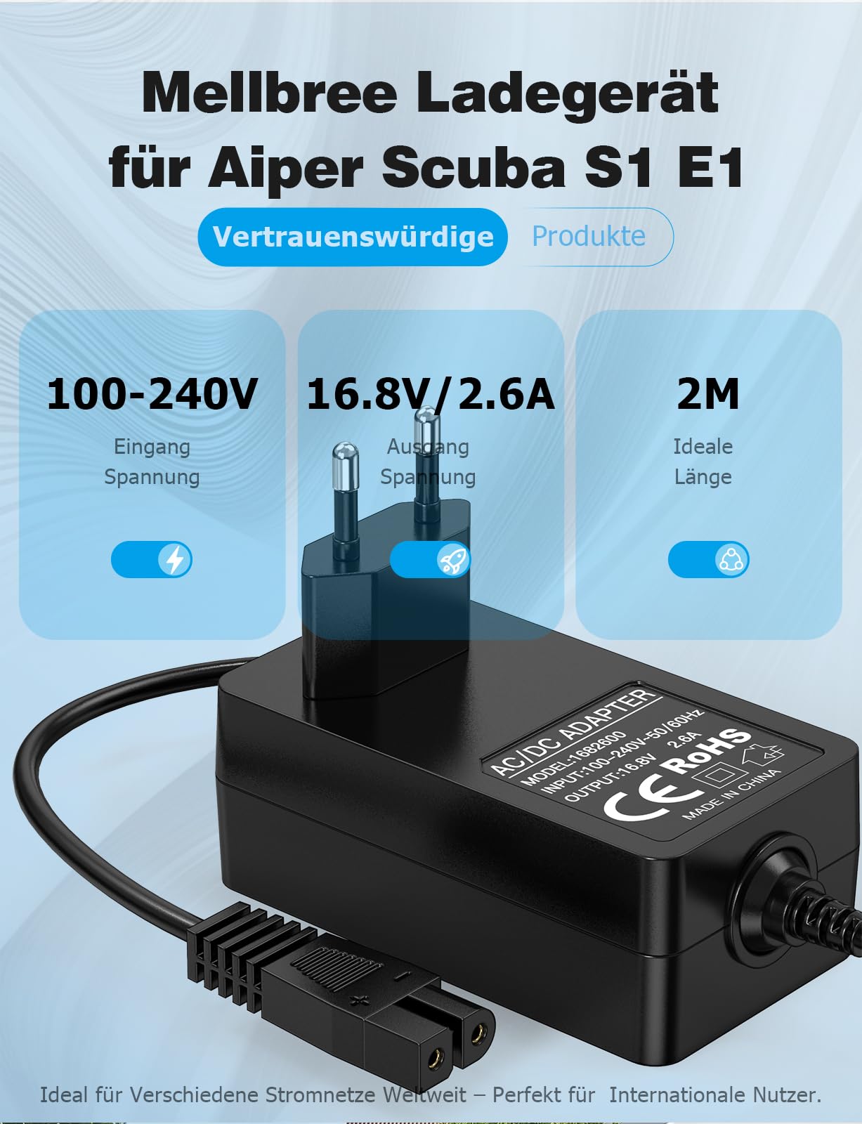 Mellbree 16.8V Ladegerät für Aiper Scuba S1 E1 Poolroboter Reiniger | 2M Ersatz-Netzkabel für Automatische Poolsauger Staubsauger, Sicheres & Effizientes Laden