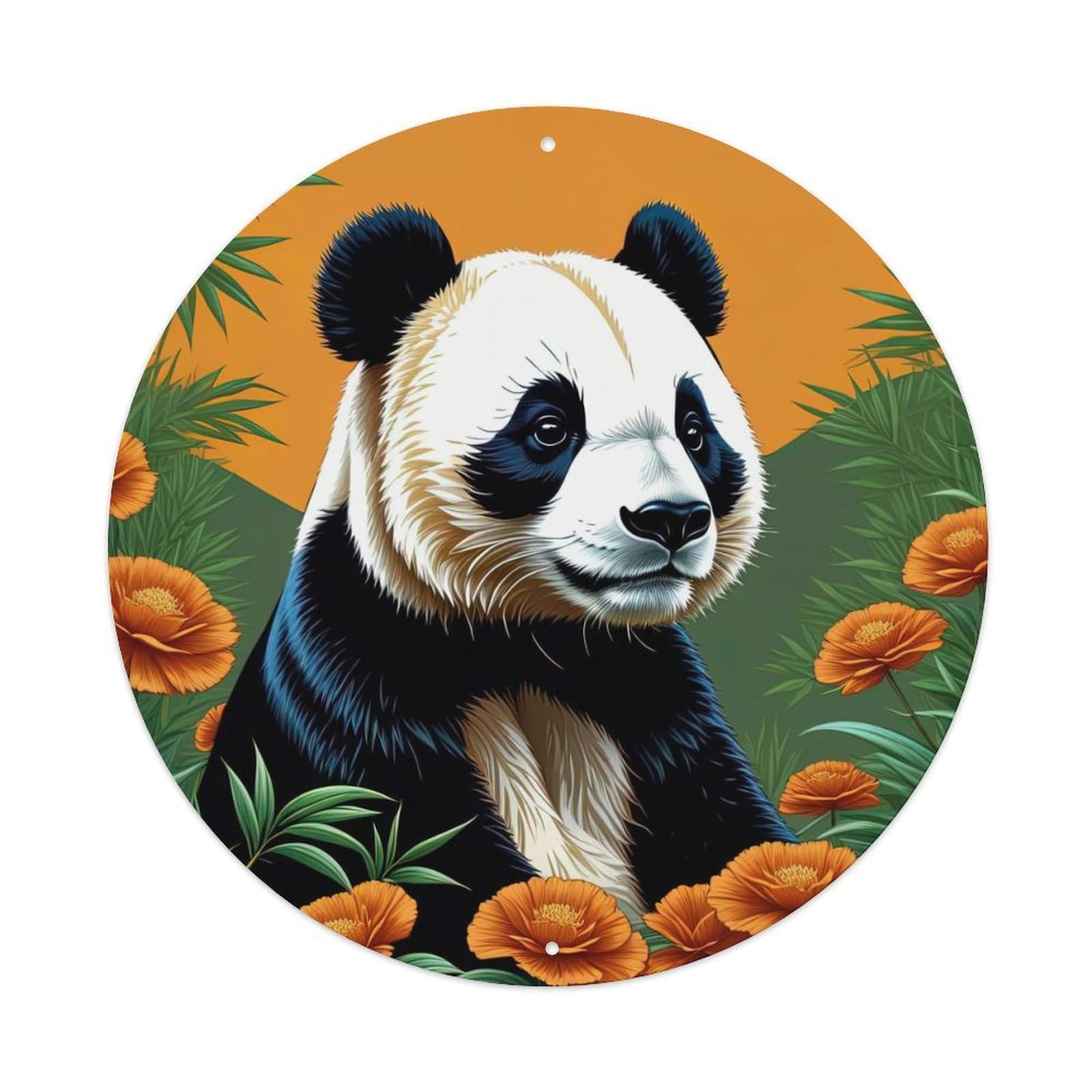 Animal Artwork Panda in The Flowers Vintage Metal Tin Sign Plaque Wall Decor for Cafe, Club, Garden Round Metal Poster 8x8Inch