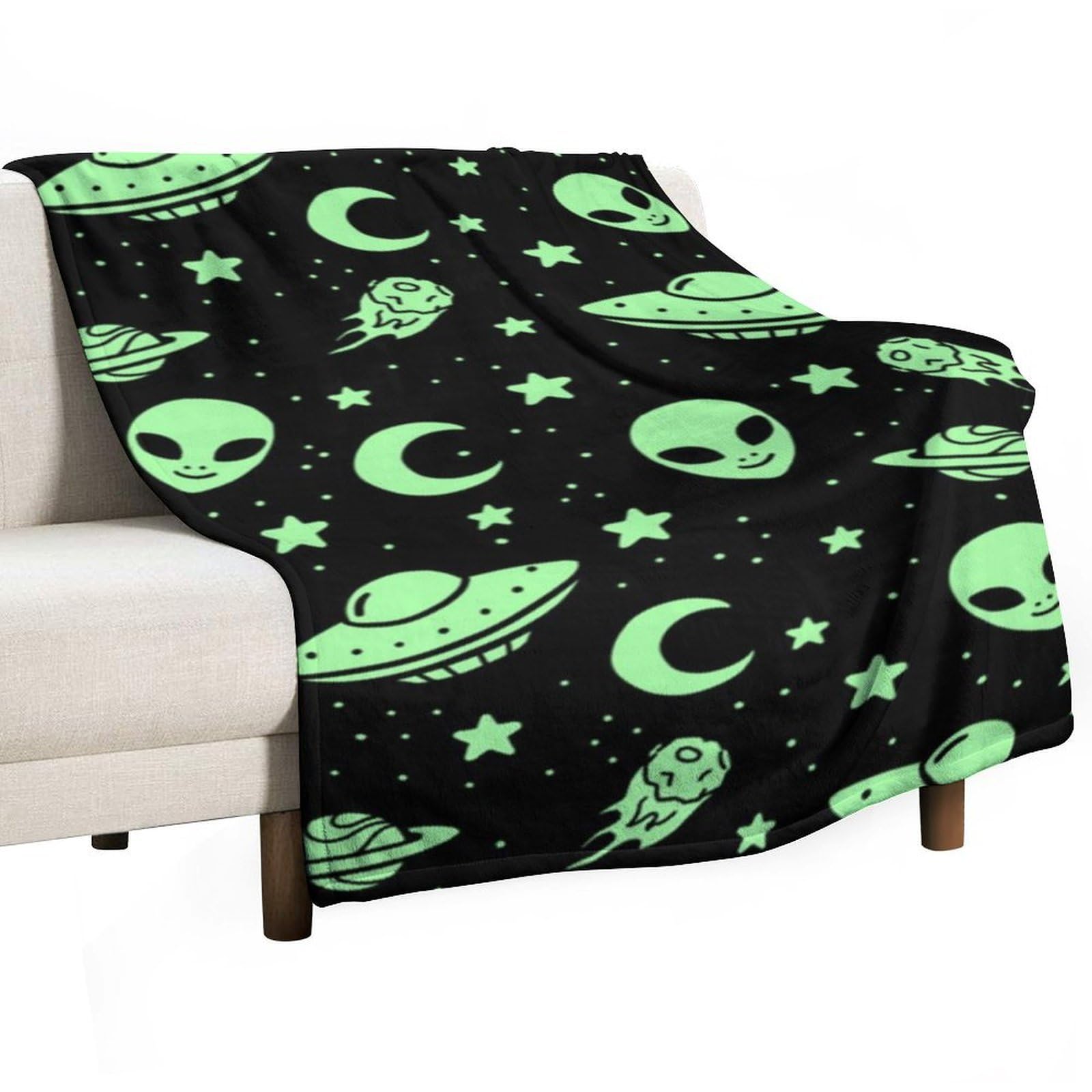 Hxwokrum Flannel Blanket, Green Alien Moon UFO Throw Blanket for Couch Sofa Bed Office, Soft And Comfortable Without Pilling