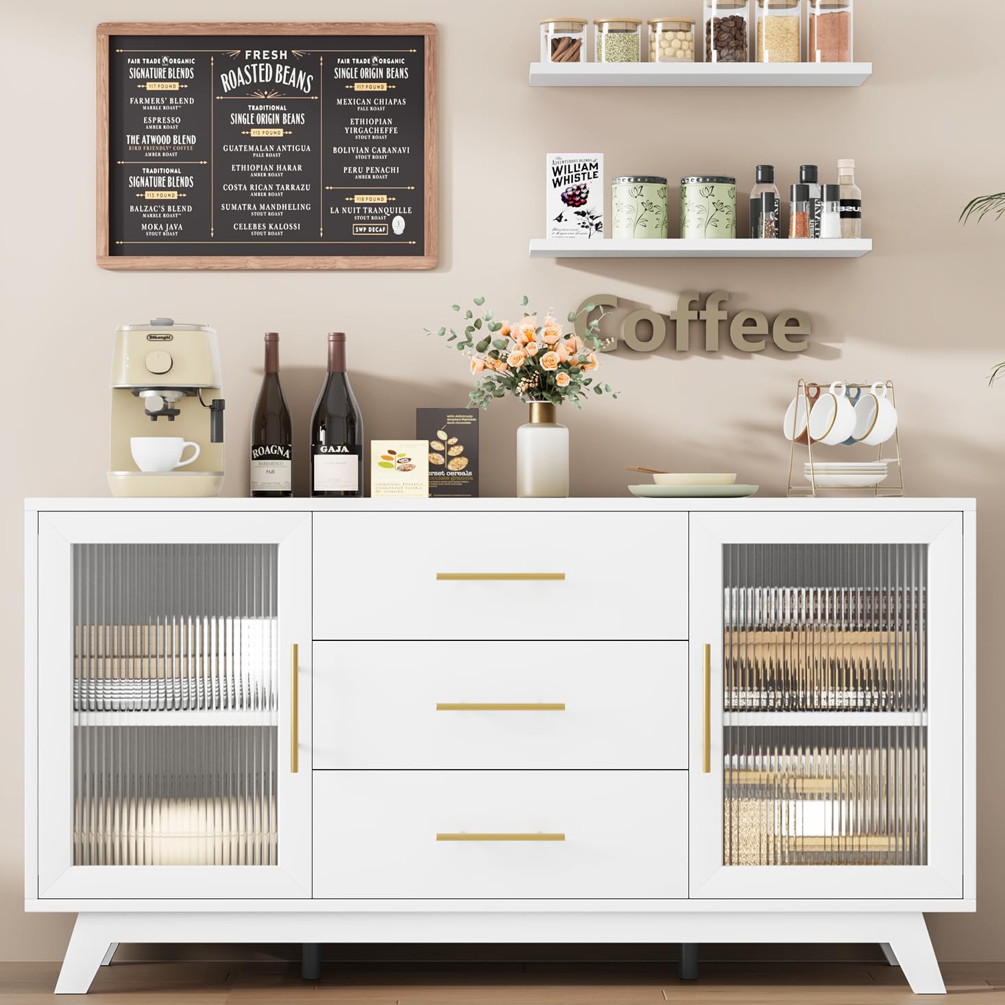 GarveeHome 56 Inch Buffet Cabinet Sideboard with Fluted Glass Doors and Gold Handles, Modern Sideboard Storage Cabinet with Adjustable Shelves, Coffee