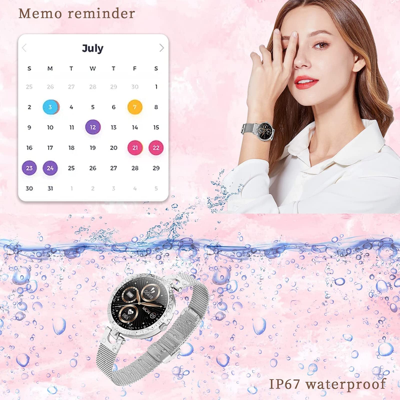 Damski smartwatch z ekranem dotykowym 2.8 cm. Wodoodporny monitor aktywności IP68 z pulsometrem, zegarek fitness, krokomierz, stoper, inteligentny zegarek do iOS/Andoid, złoty