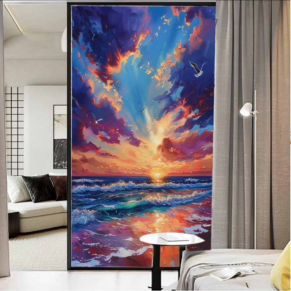 Abstract Ocean Frosted Window Privacy Film, Sunset Birds Watercolor Waves Window Glass Covering, Adhesive Window Sticker Decals for Home 35.4Wx55.1L inch