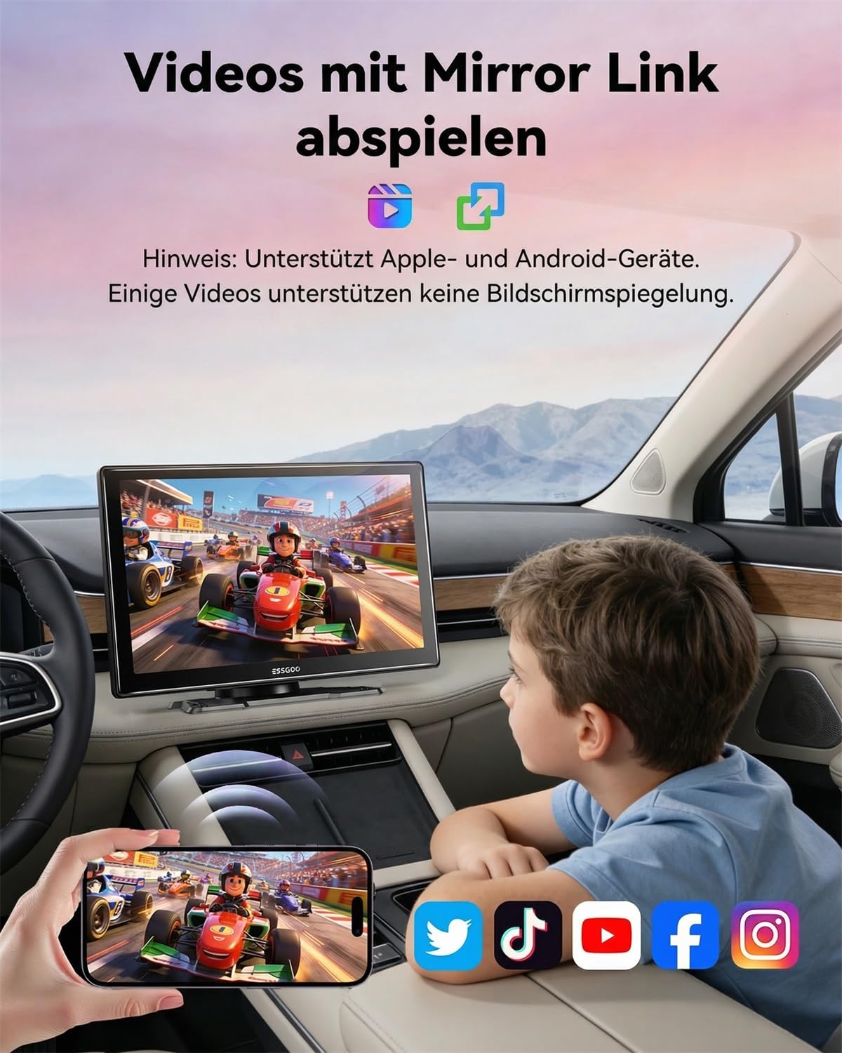 ESSGOO Carplay Android Auto Display mit Rückfahrkamera,9 Zoll Carplay Bildschirm für Apple/Android Auto/AirPlay/Mirror Link,Wireless Touchscreen GPS Navigation,mit Bluetooth5.3,AUX,FM,Sprachassistent