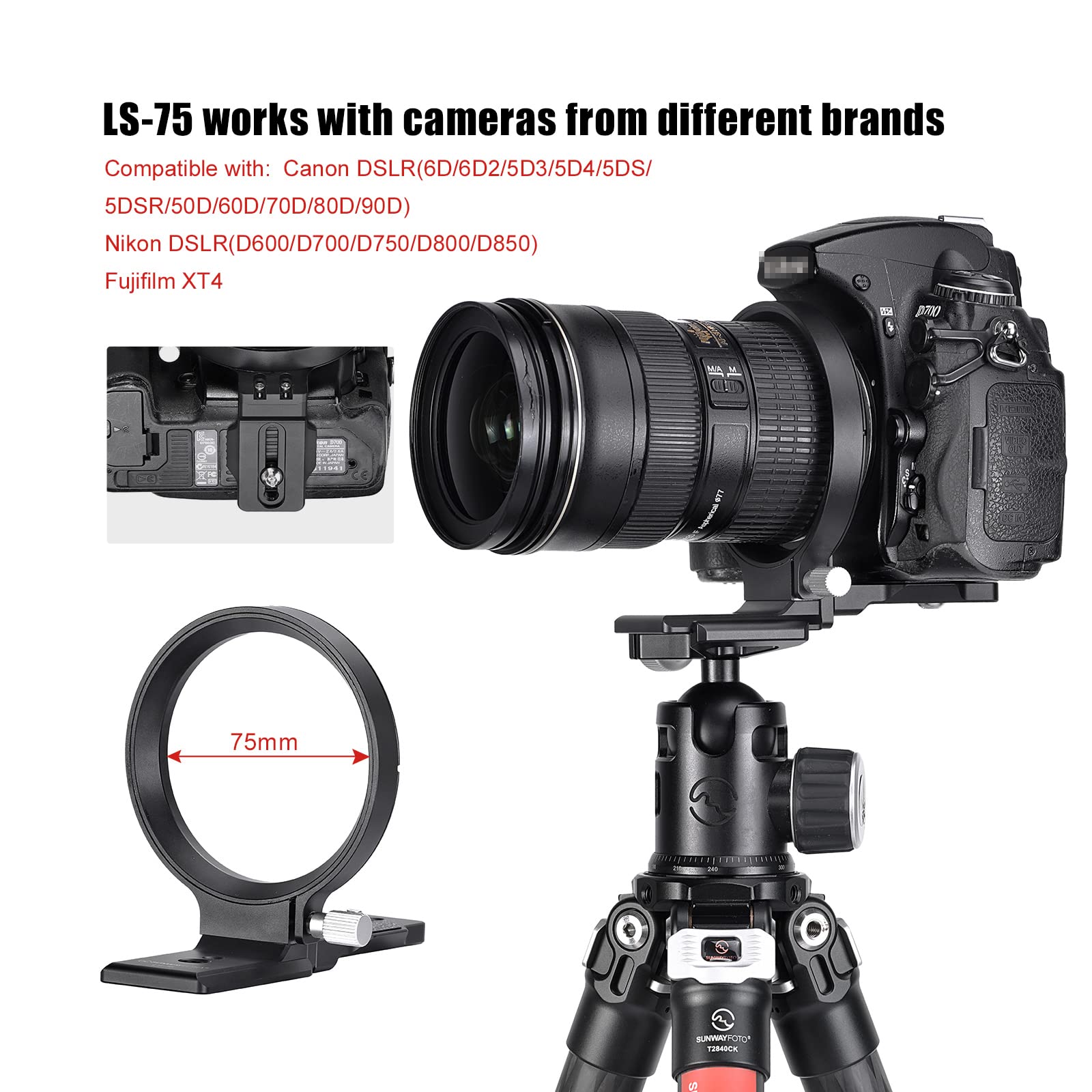 SUNWAYFOTO LS-75 Collare rotante universale per fotocamere DLSR, supporto per obiettivo con anello per treppiede, supporto per piastra Arca Swiss Mount DSLR commutazione verticale orizzontale