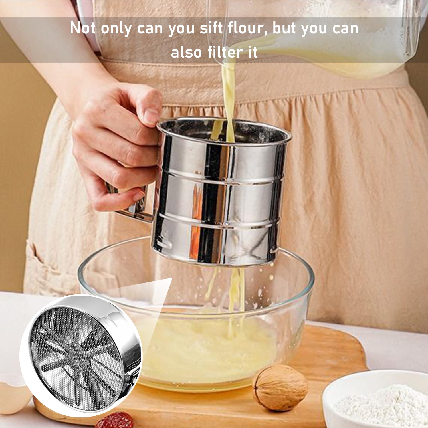 Buwico Tamis à Farine Fine Double Couche - Saupoudreur à Une Main Avec Couvercle Pour Farine, Sucre En Poudre, Cannelle Et Épices - Votre Allié Indispensable En Pâtisserie !