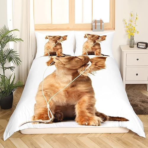 Miniatura 3 de Erosebridal - Juego de funda de edredón con diseño estampado 3D de tierno cachorro amarillo escuchando música, para niños, niñas y adolescentes,