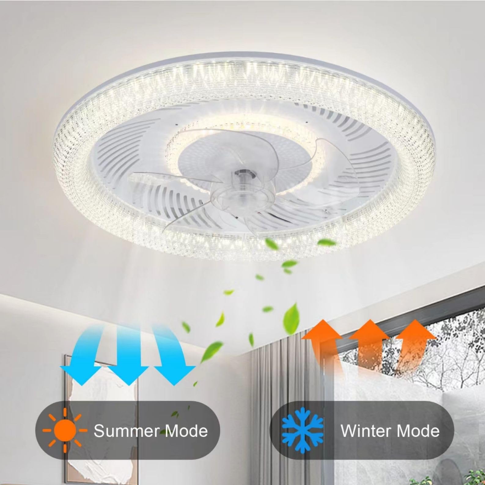 LED Deckenventilator mit Beleuchtung und fernbedienung 6 Geschwindigkeiten | und 3 Farbtemperatur Weiß Rund Kristall Moderner Ventilator Leise mit Licht für Schlafzimmer Zimmer 50CM