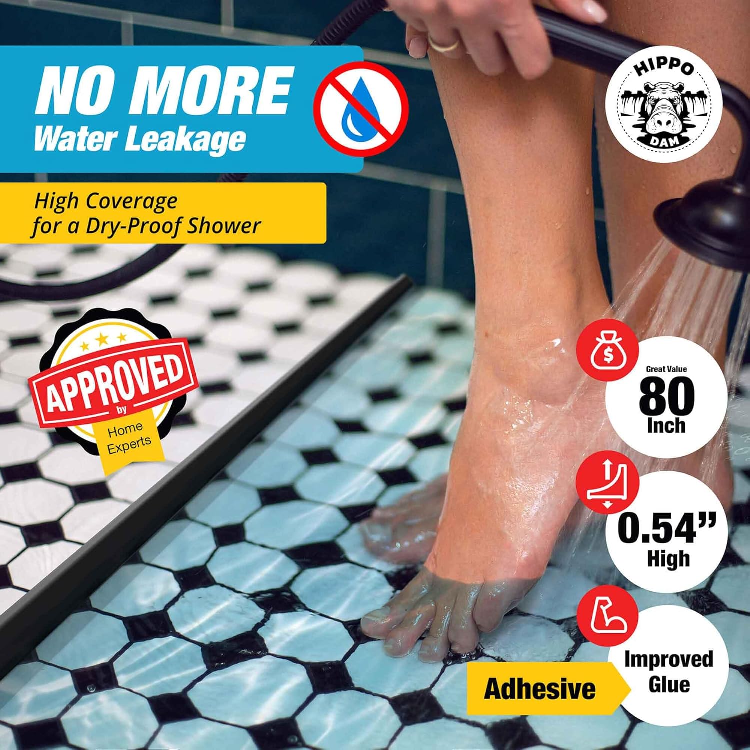 Shower Threshold Water Dam Barrier 80" - Black Collapsible Shower Water Blocker - Guard for Walk in Shower - Water Guard Stopper for Floor - Shower Door Water Blocker - Triangular - By Hippo Dam Black - Triangle 80 In