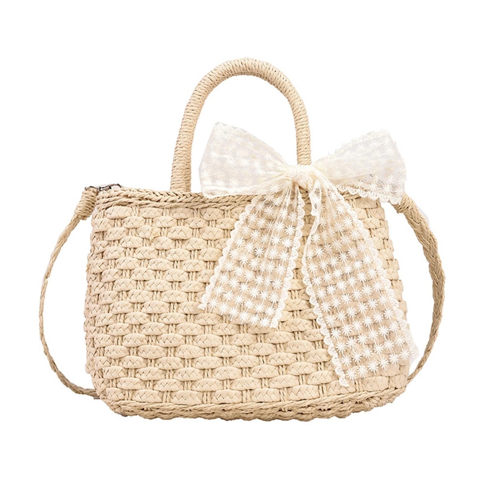 DVMSIEF Straw Bag Lace Bow Women Handbags Woven Herbaceous Shoulder Bags Fresh Crossbody Straw Horzontal Square(Beige)