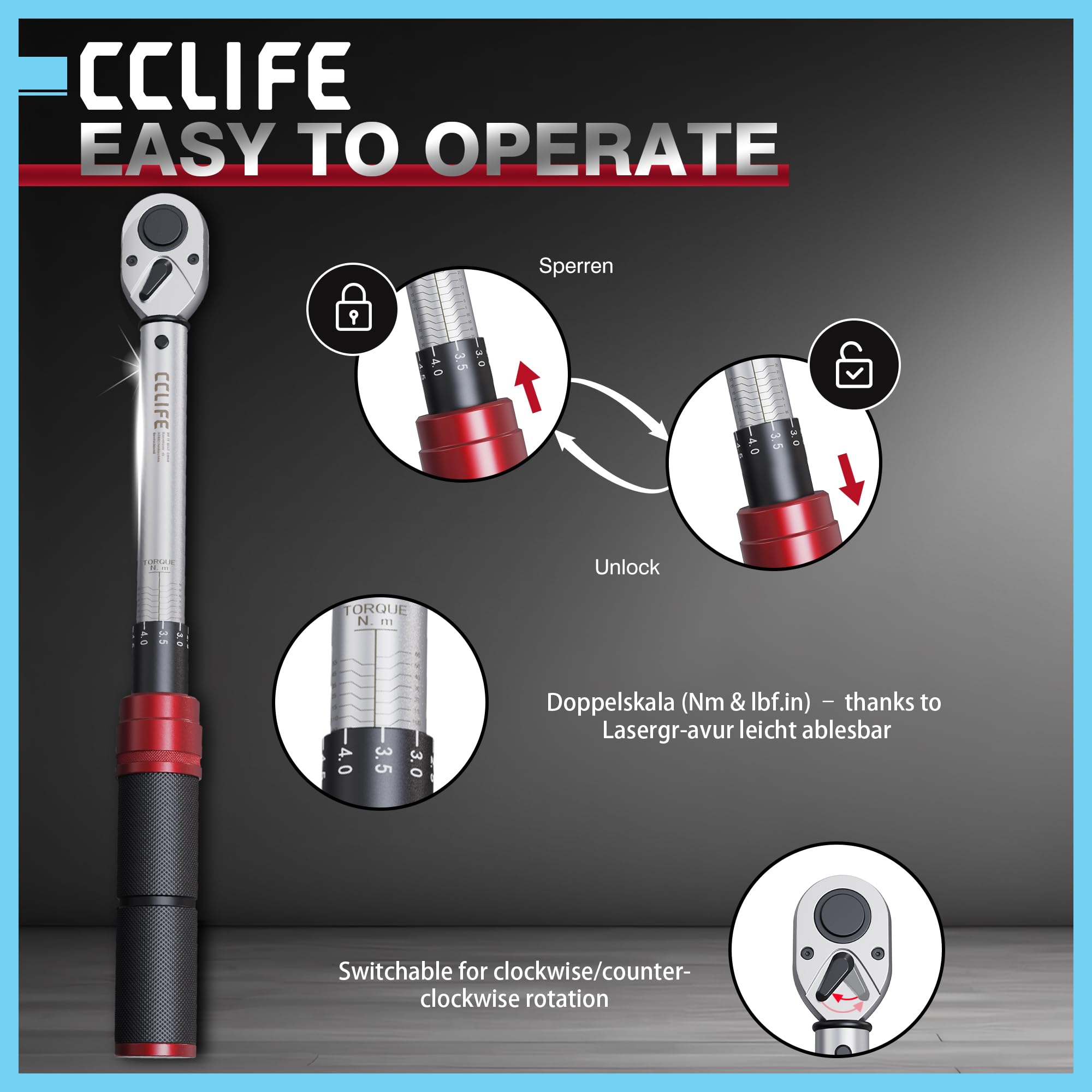 CCLIFE Llave dinamométrica de 3/8 pulgadas Click 10 – 60 N·m – Llave de torsión precisa de acero Cr-V con 72 dientes de trinquete y escala de fácil lectura para bicicleta, motocicleta y taller