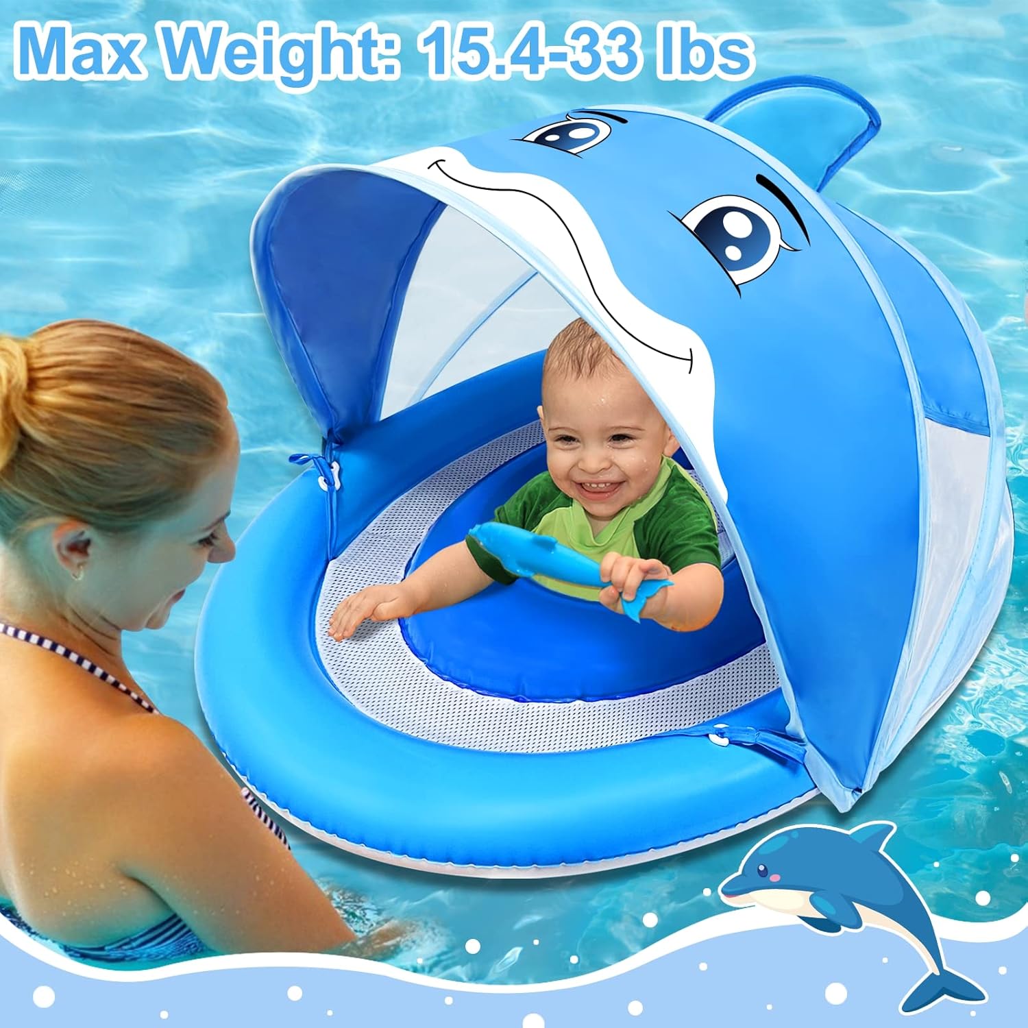 AMENON Dolphin Baby Swimming Pool Float Ring with Adjustable Removable Canopy UPF50+ Sun Protection Never Flip Over Safety Seat Inflatable Baby Spring Floatie Swim Trainer Infant Toddler, 6-36 Months : Toys & Games