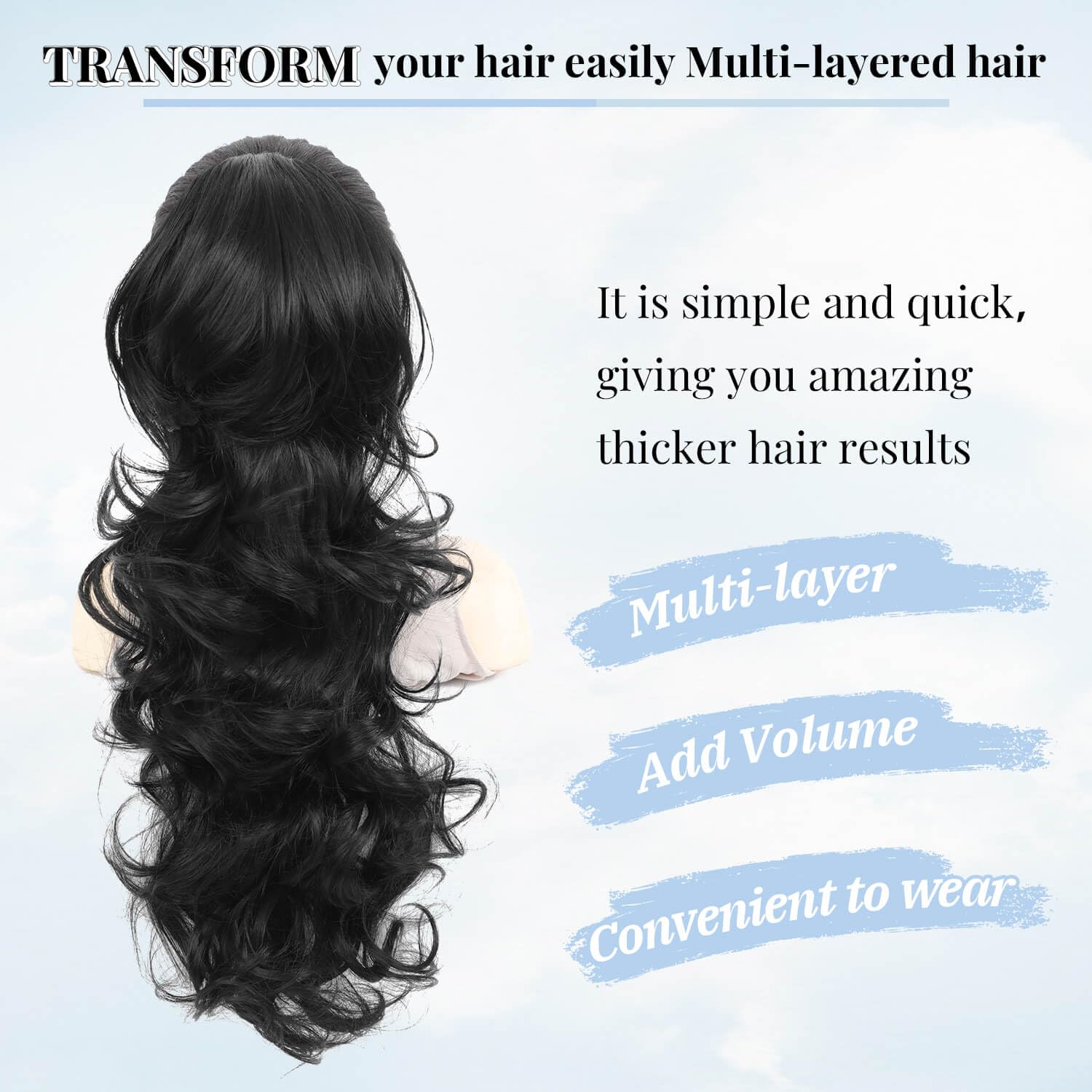 PEONYMEBEAUTY Ponytail Extension,Multi-layered Fluffy Thick Clip in Ponytail Hair Extensions 22" Long Wavy Curly Drawstring Ponytail Natural Soft Synthetic Hair Pieces for Women Clip in Black - Image 4
