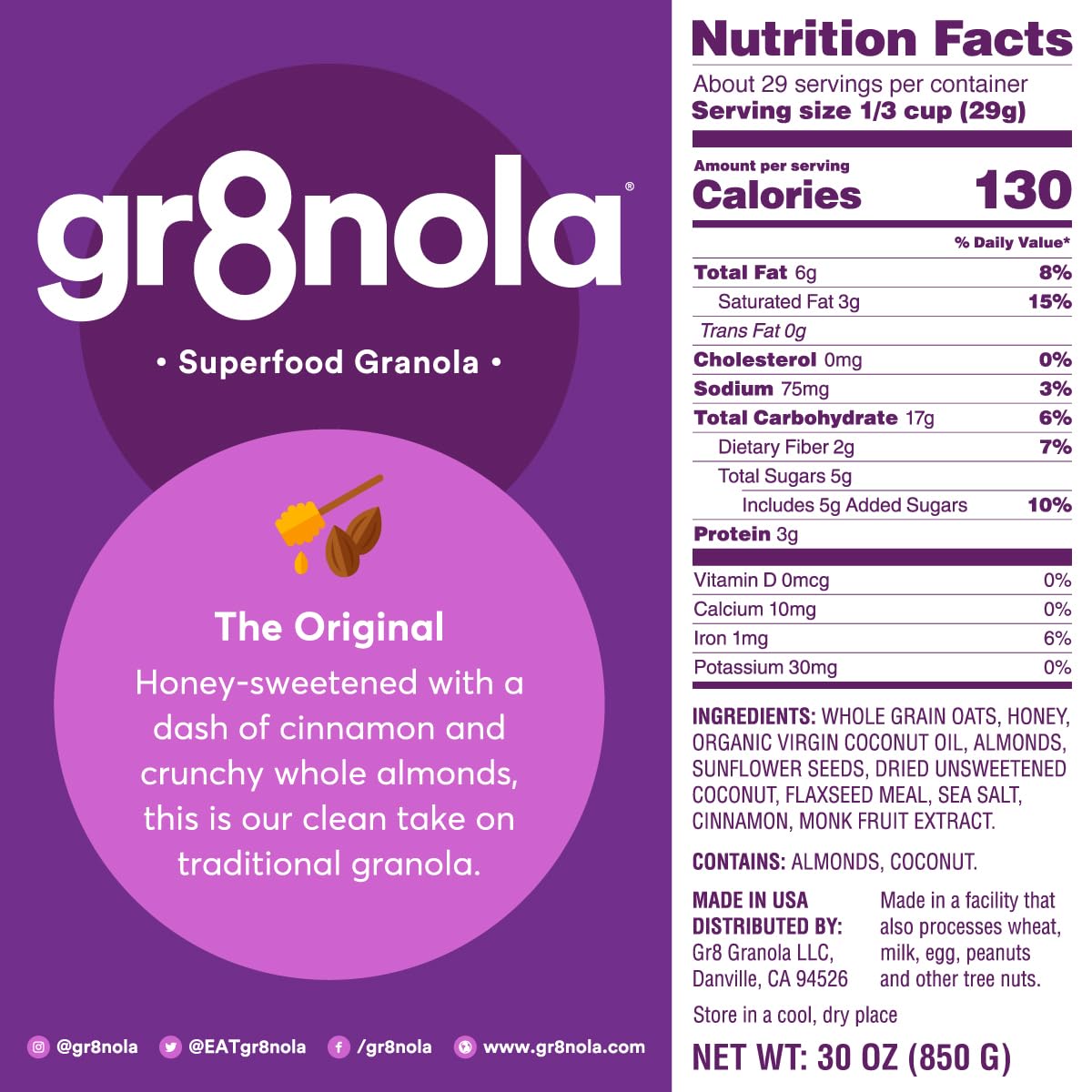 gr8nola THE ORIGINAL - Healthy, Low Sugar Granola Cereal - Made with Superfoods, Whole Almonds, Honey, Cinnamon and Flaxseed, Soy Free, Dairy Free and No Refined Sugar - 30oz (1.8 lb) Resealable Bag
