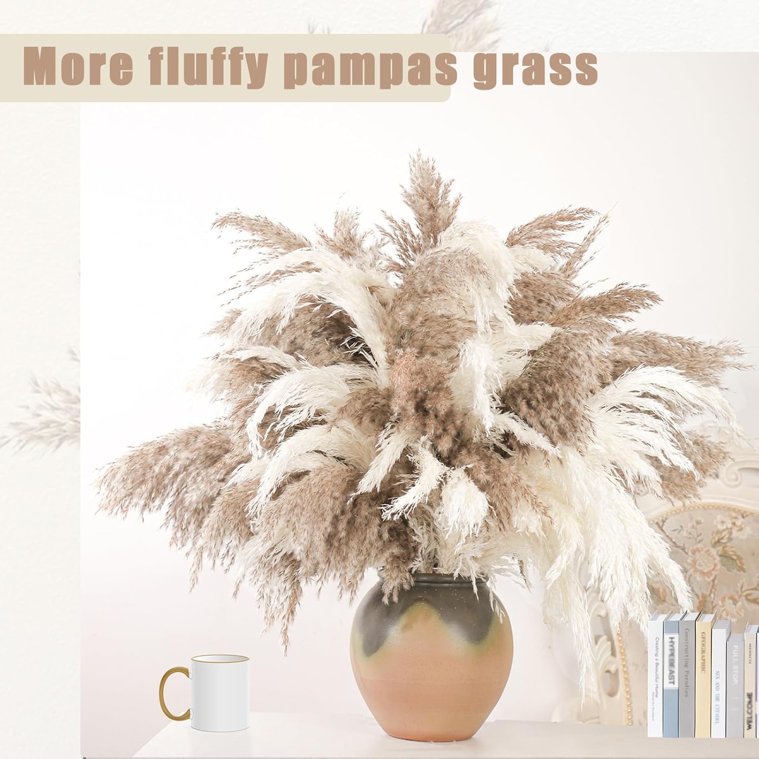 28" inch 20 Stems Large Pampas Grass Decor - Fluffy Brown & White Pampas Grass Decor Tall Pompas Grass for Floor Vase - Boho Home Decor Wedding Decor Natural Flower Bouquet
