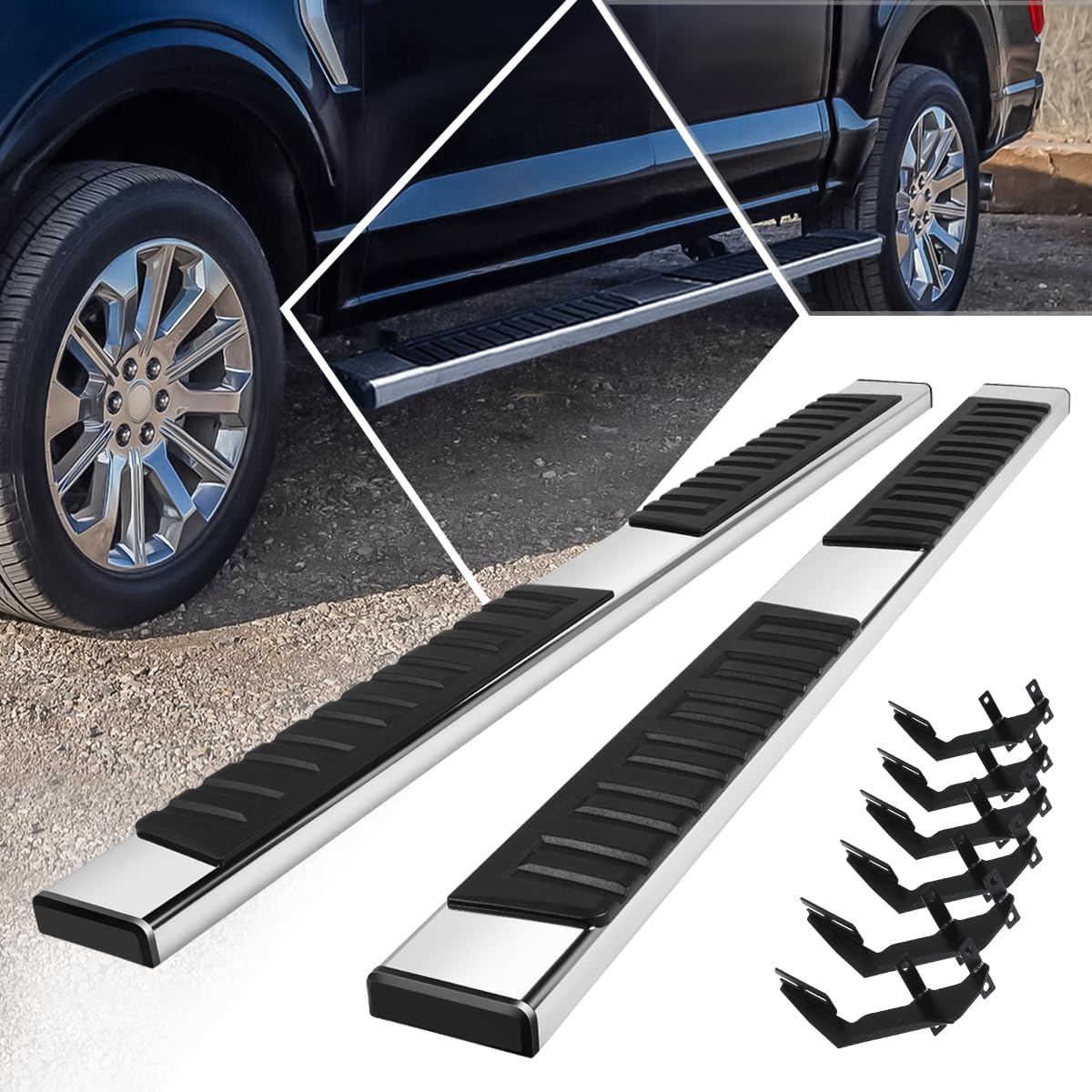 [Pair] 6.75 Inch Chrome Stainless Running Boards Side Steps Nerf Bars Compatible with 15-24 Ford F150-F450 Super Crew Cab