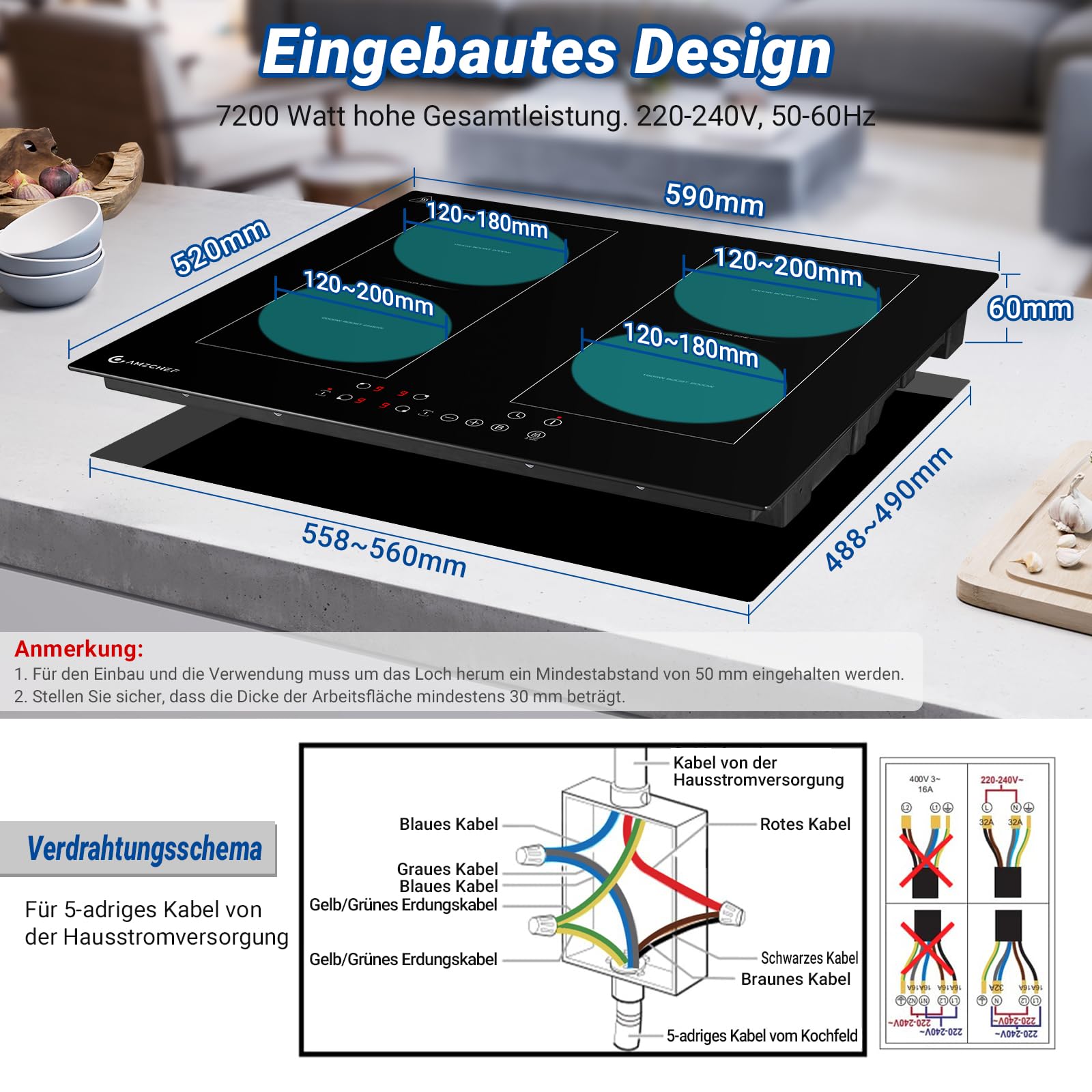 AMZCHEF Induktionskochfeld 60cm mit Zwei Flexzonen, 4 Zonen Induktionskochplatte mit Boost-Funktion und 9 Leistungsstufen, Touch-Bedienung, Timer, Sicherheitsschloss, Überhitzungsschutz, BBQ, 7200W | Sicherheitsverriegelung, automatische Abschaltung, Prot