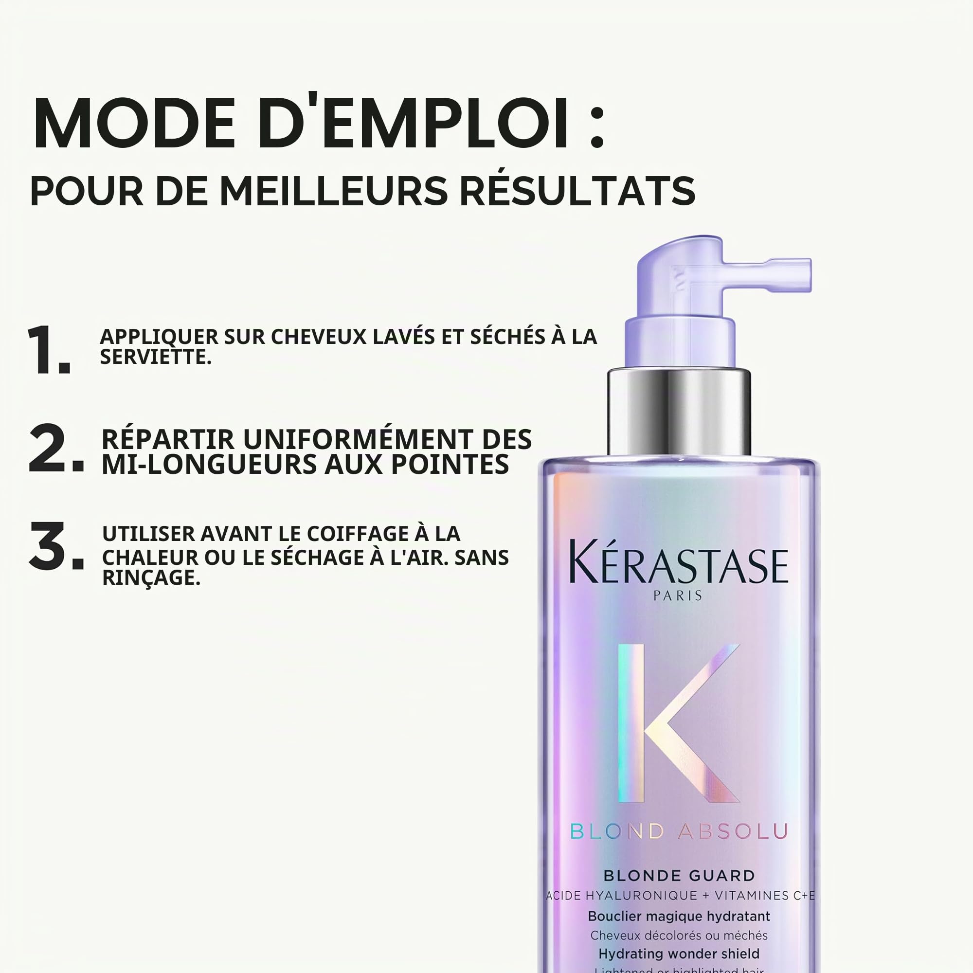 KERASTASE Blond Absolu - Soin Cheveux Leave In Blonde Guard - Bloque 99% des Agresseurs du Blond - Acide Hyaluronique & Vitamines C+E - Vegan - Cheveux Blonds Décolorés ou Méchés - 190 ml