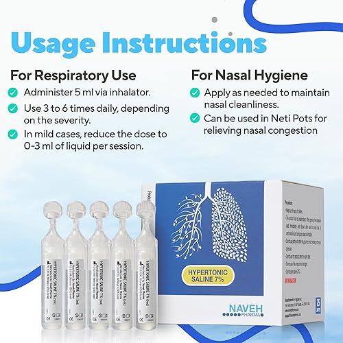 Miniatura 5 de NAVEH PHARMA Solución salina 7% en ampollas de 0.2 fl oz (0.17 fl oz), 25 unidades por caja. Se puede utilizar para hidratación nasal y otros usos.