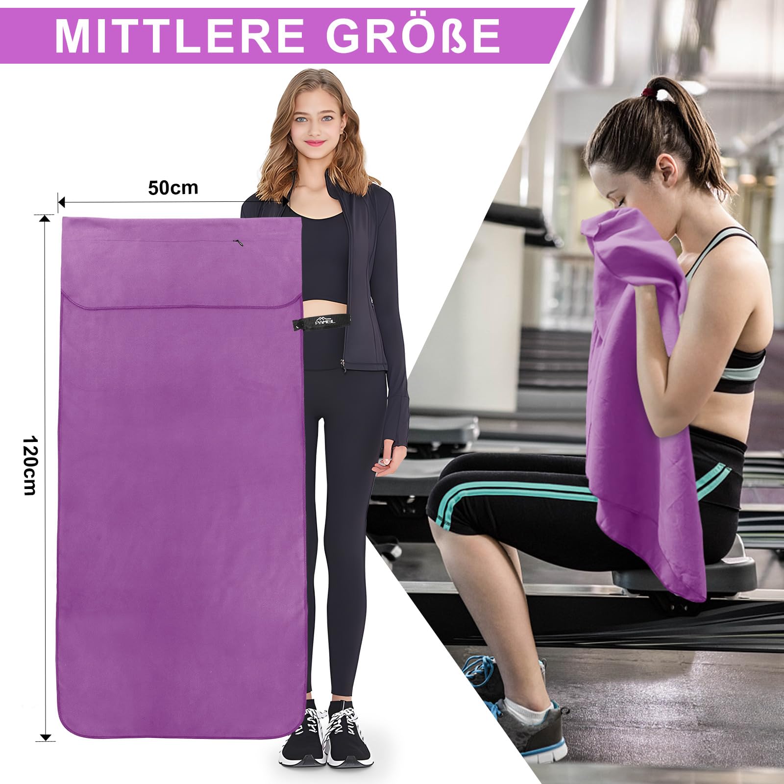 Pameil Asciugamano Palestra | 120x50cm Asciugamano Microfibra Con Tasca Con Cerniera | Asciugatura Rapida, Leggero, Assorbente Asciugamani Mare Microfibra e Asciugamani Palestra Fitness