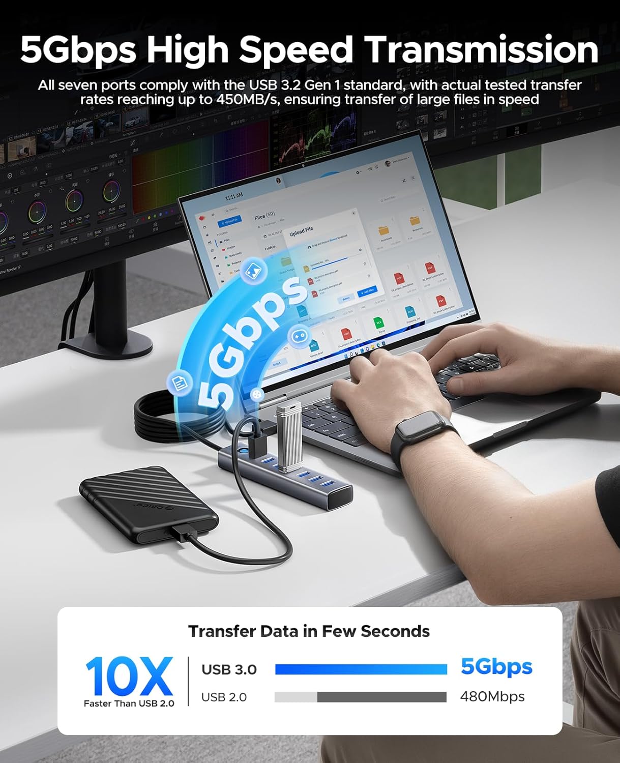 ORICO 7-Port USB 3.0 Hub, Aluminum USB Multiple Adapter, 5Gbps USB Extender USB Splitter with 6Ft Cable, UBS-A Hub Long Cable for Desktop, PC, Flash Drive, Mobile HDD, Windows/XPS