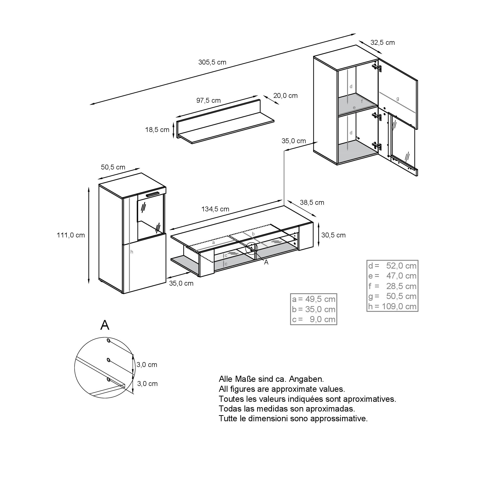 Vladon Wohnwand Movie, Anbauwand bestehend aus 1 TV-Board, 2 Vitrinen und 1 Regal, Schwarz matt/Schwarz matt/Avola-Anthrazit, inkl. LED-Beleuchtung weiß (Gesamt: 300 x 190 x 39 cm)