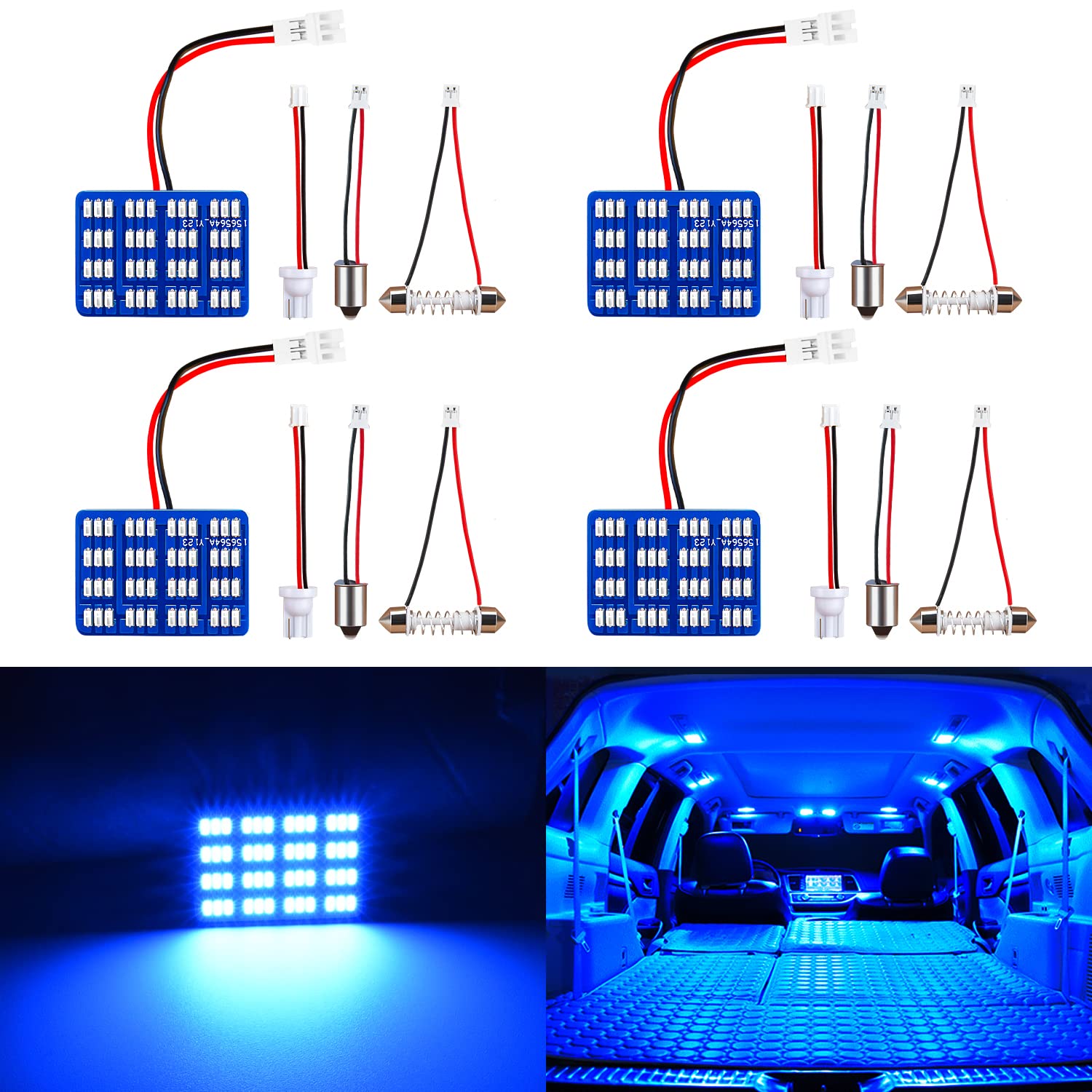 AUXLIGHT Car Interior LED Lights Accessories with 194 168 T10 / BA9S / DE3175 6418 211-2 578 Festoon Adapters, 48-SMD Panel Lamps for Dome Map Door Trunk Courtesy License Plate Lights (Ultra Blue)