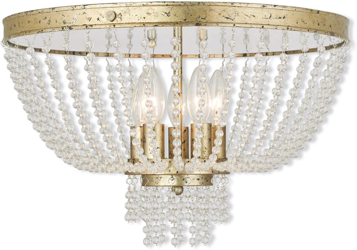 Livex Lighting 51866-28 Crystal Five Light Ceiling Mount from Valentina Collection, Champ, Gld Leaf Finish, Hand Applied Winter Gold