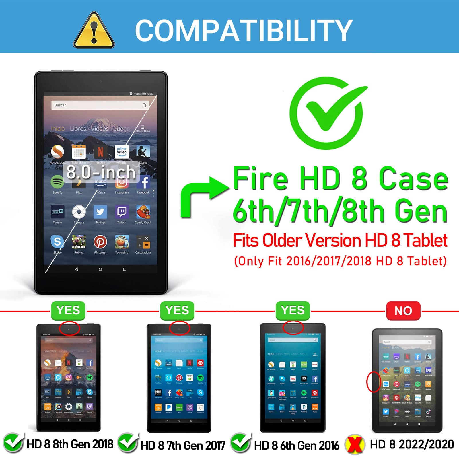Custodia per bambini per tablet Fire HD 8 di 6a/7a/8a generazione (versione 2016/2017/2018), custodia leggera e resistente in schiuma con comodo supporto, blu