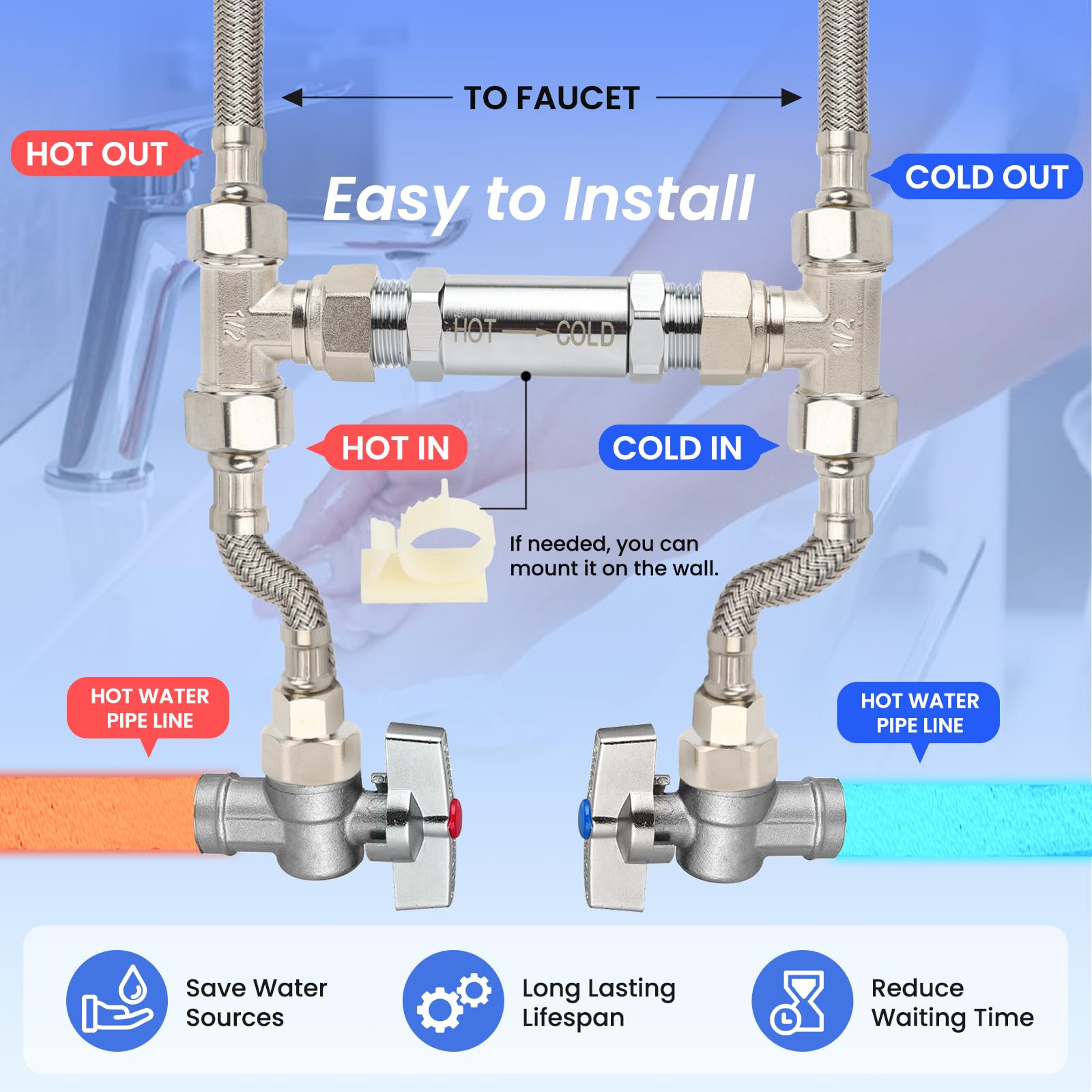 Válvula de sensor de bomba de recirculación de latón con acabado cromado – Repuesto para vatios premier 500800, 500805 y grundfos up Comfort Hot Water Systems – Sustituye a las piezas 595926