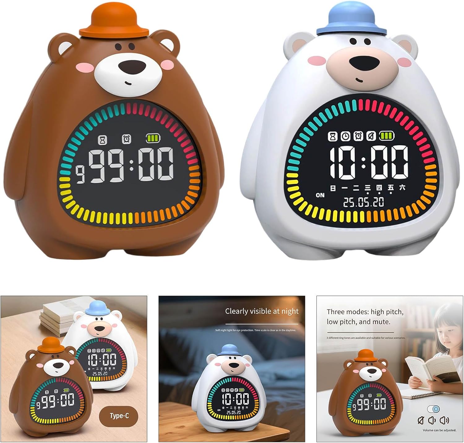 Multifunctional Bear Shape Alarm Clock Nightlight Timer Soft Glows Silicones PVC for Bedroom Home Nursery Timer Function Bedroom Clock