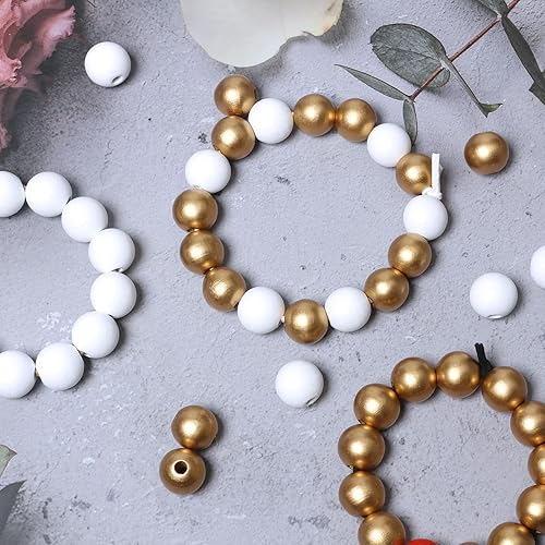 Miniatura 4 de 100 cuentas de madera blanca y dorada de 0.63 pulgadas para guirnaldas, cuentas espaciadoras sueltas de madera para manualidades, fabricación de