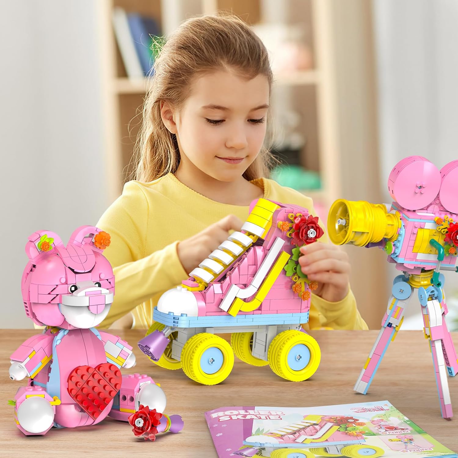 3-in-1 Creator Building Set, 520Pcs Compatible with Lego, Roller Skate, Heart Bear with Rose and Movie Projector, Ideal Gift for Girls and Girlfriend