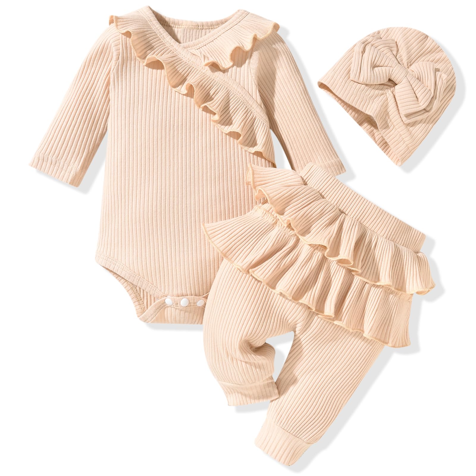 fioukiay Preemie Newborn Baby Girl Clothes Infant Girl Solid Ribbed Outfits Ruffle Romper and Pants 3PC Clothing Sets