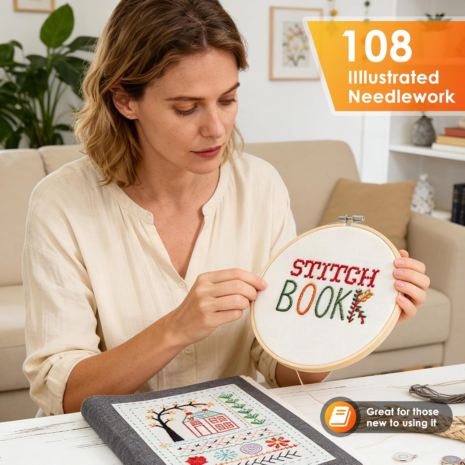 Oeedsns New DIY Embroidery Stitch Book Kit, Illustrated Guide to 106 Universal Embroidery Stitches with Free Tutorials and 86 PCS Sewing Tool Kit for Beginners and Craft Lovers