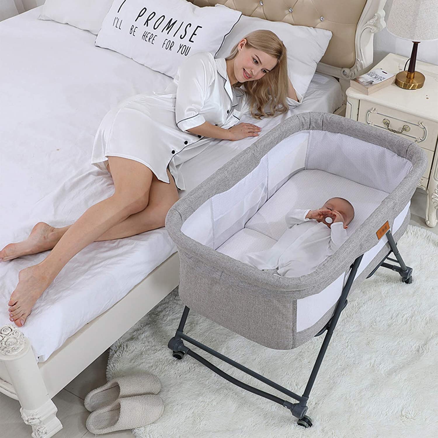 House of Quirk Cradle Crib Baby Rack, Foldable, No Assembly Required, Comes With Casters, Convenient Storage, Adjustable, Breathable, Washable, Newborn 0 Months And Up,(93 X 55 X 77 Cm, Grey) Aluminum - Image 7 thumbnail