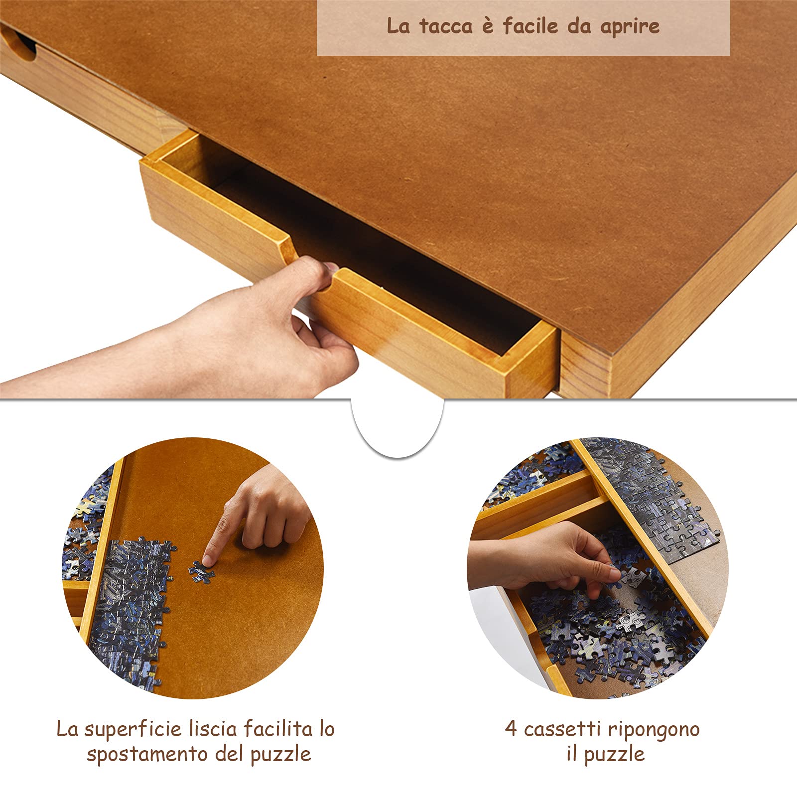RELAX4LIFE Tavolo per Puzzle in Legno con 4 Cassetti, Porta Puzzle Leggero e Portabile con Maniglie scanalate, Bambini e Adulti, 65 x 80 x 6,55 cm