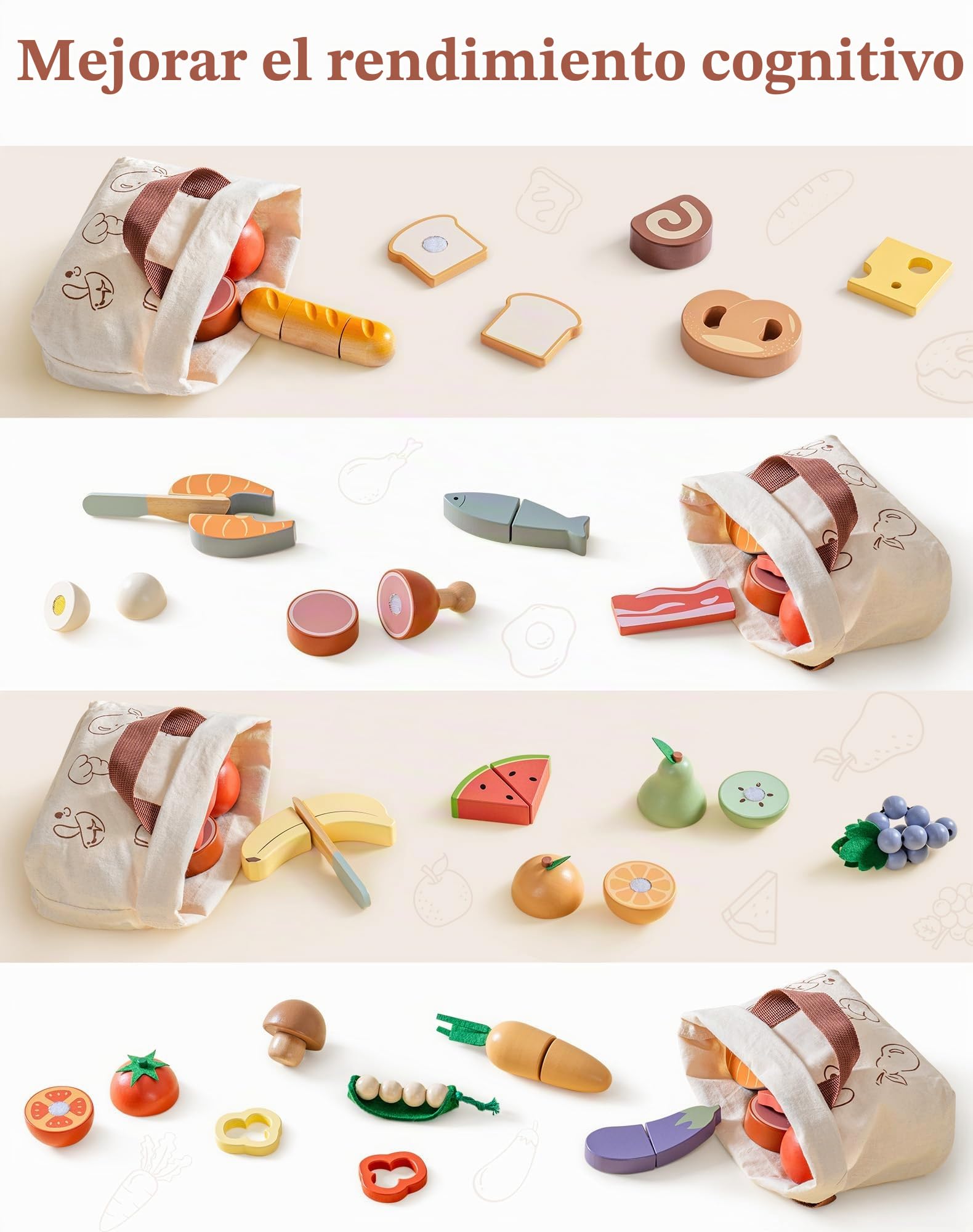 ROBOTIME Comida Juguete de Madera para Cortar, 24 Piezas, 3+ Años | Frutas, Verduras, Carnes y Alimentos de Panadería con Cuchillo y Bolsa para Juego de Rol, Regalo para Niños