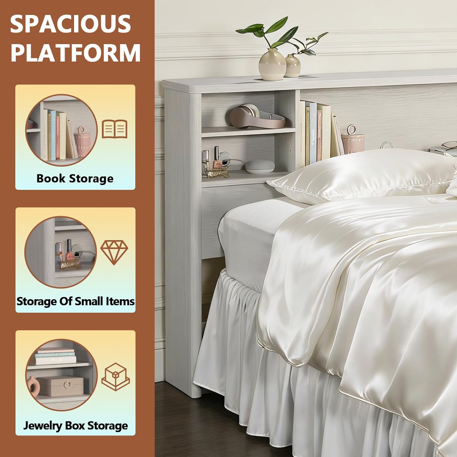 Vintage Full/Queen Bookcase Headboard with Spacious Storage Cubby, White Finish